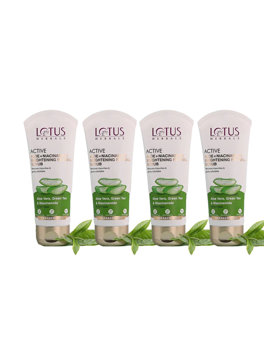 

Lotus Herbals Set Of 4 Active Aloe + Niacinamide Brightening Revival Scrub- 100g Each, White