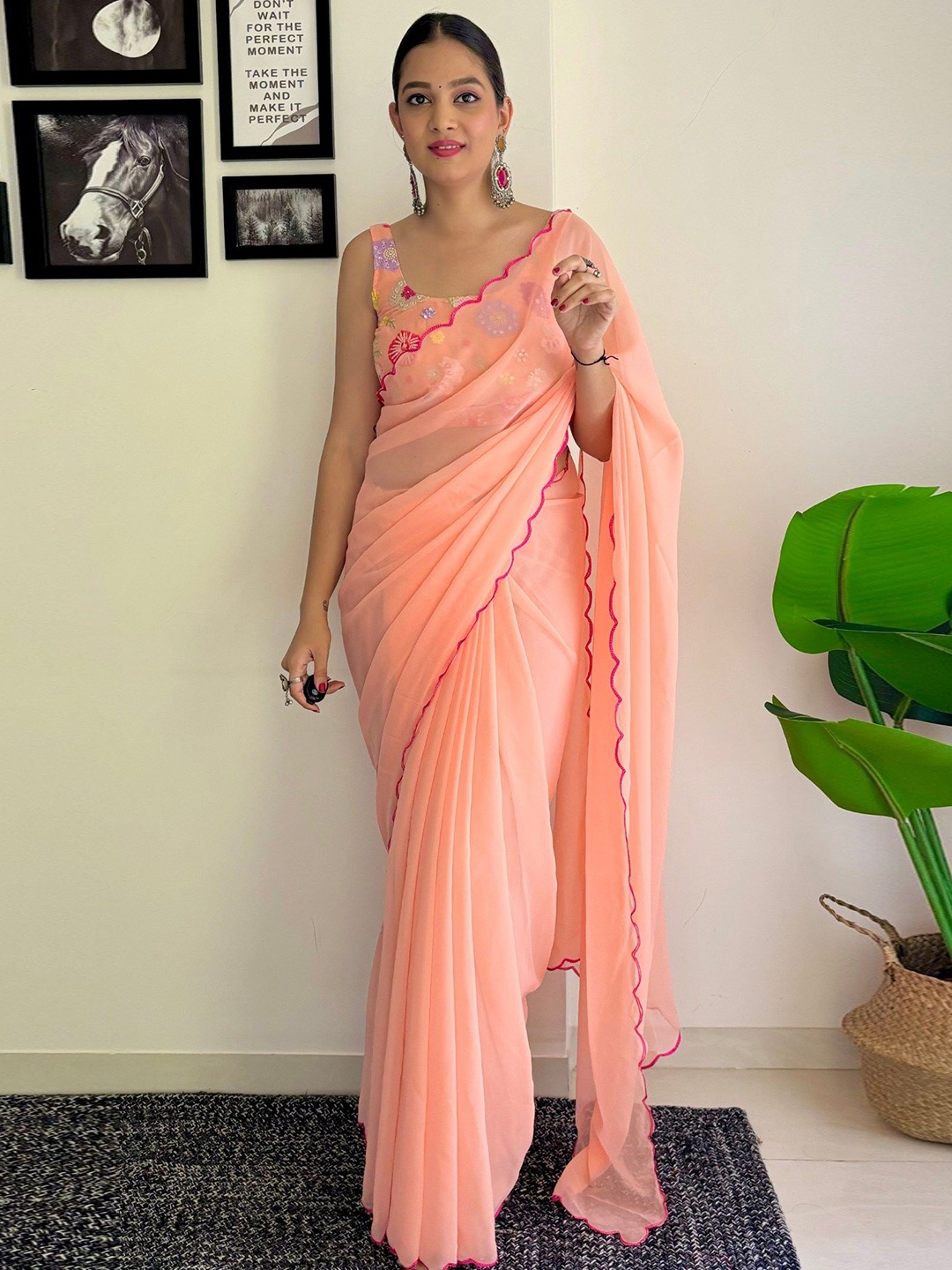 

MySilkLove Embroidered Pure Georgette Saree With Blouse Piece, Peach