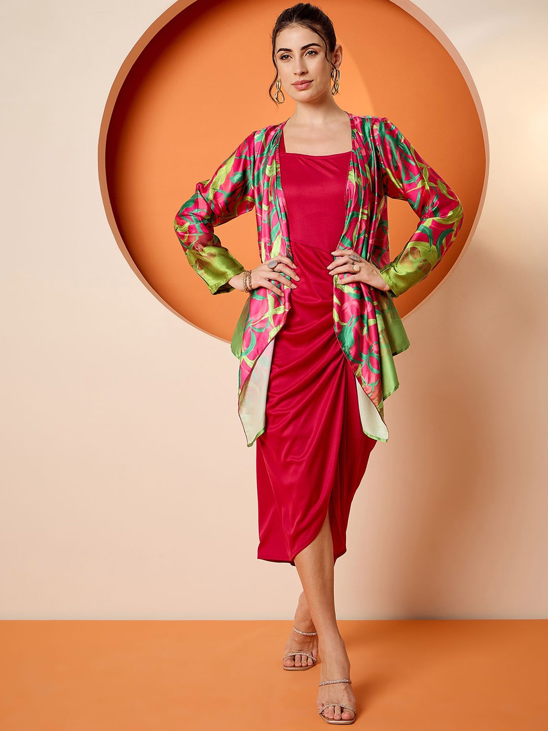 

Antheaa Pink Square Neck A-Line Midi Dress With Jacket