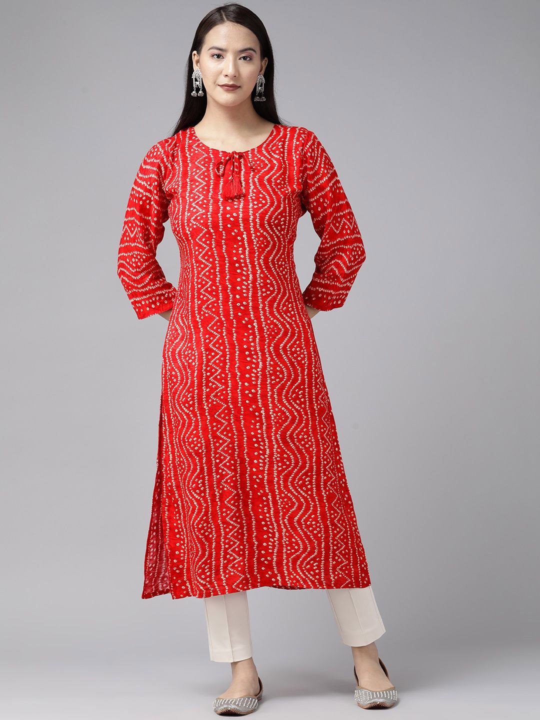 

BAESD Women Geometric Printed Keyhole Neck Flared Sleeves Gotta Patti Anarkali Kurta, Red