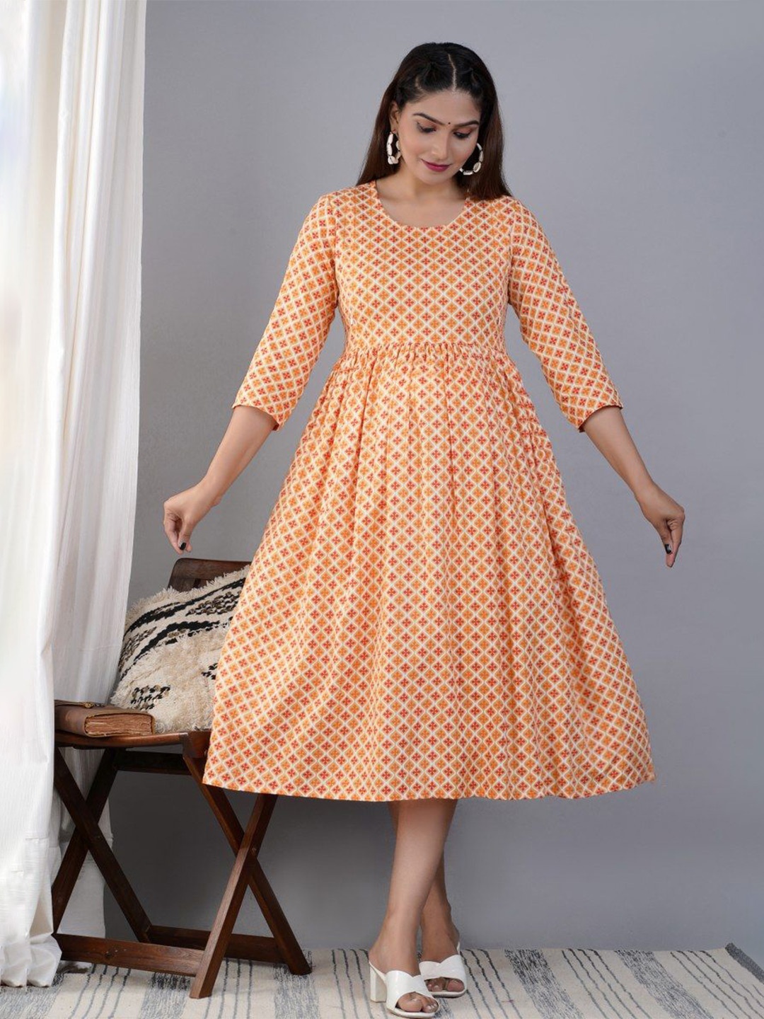 

TANISHA Ethnic Motifs Printed Maternity A-Line Midi Dress, Peach