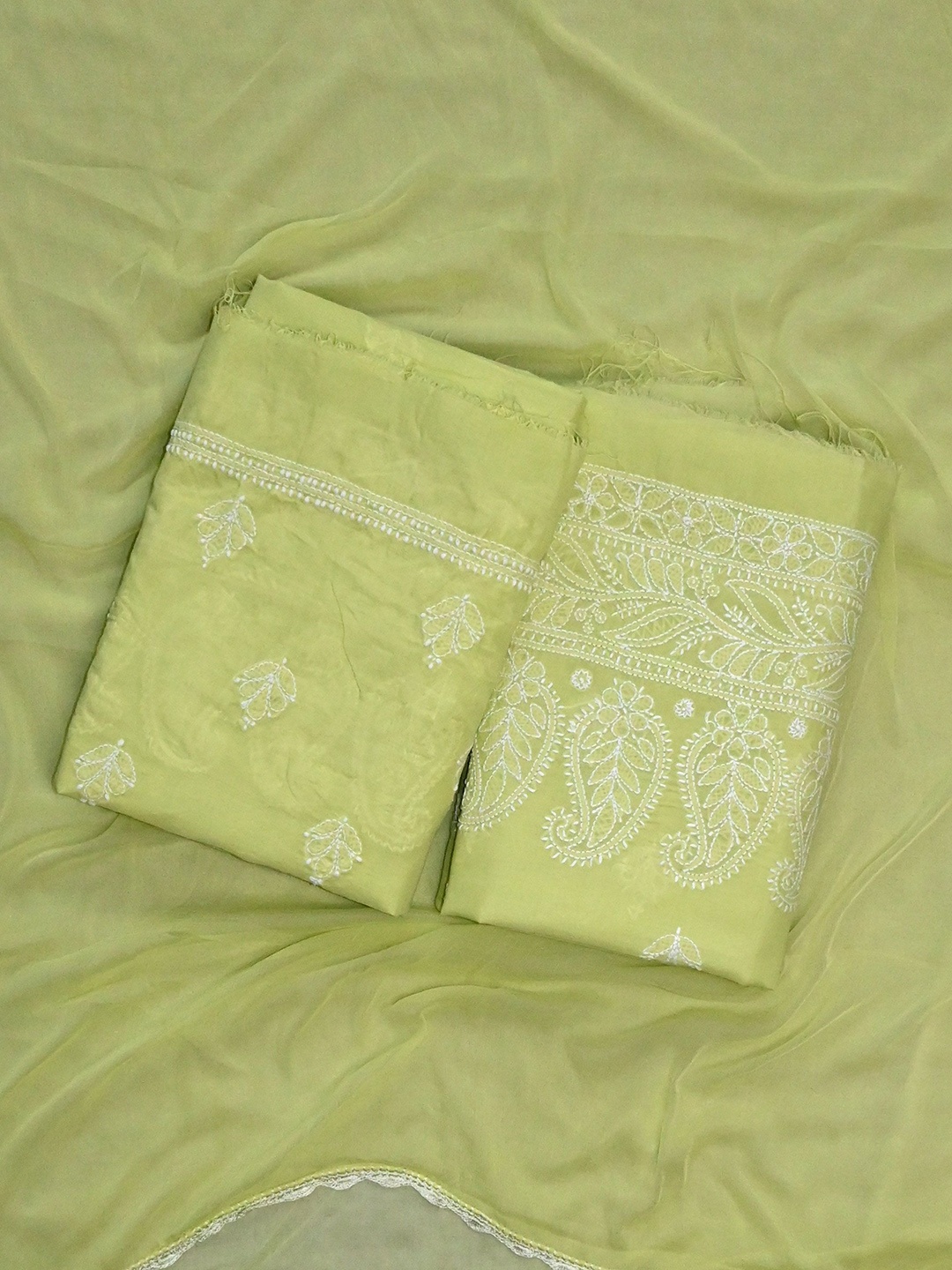 

Seva Chikan Embroidered Unstitched Dress Material, Green
