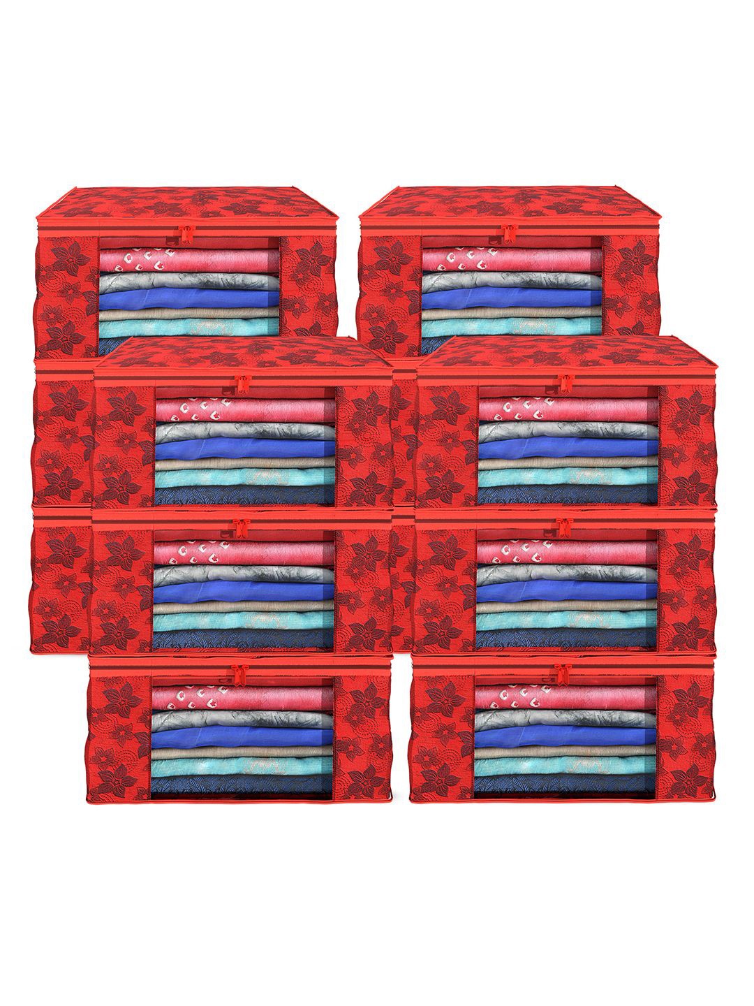 

Kuber Industries Red 12 Pieces Floral Printed Foldable Drawer Organisers