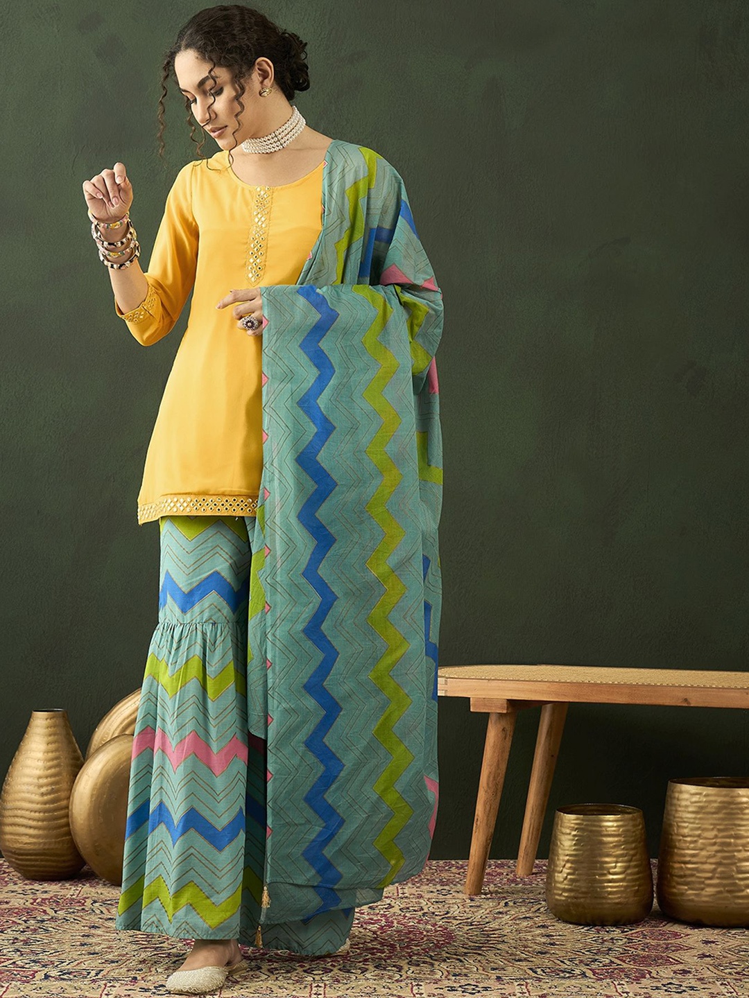 

Sangria Printed Mirror Work Straight Kurta With Sharara & Dupatta, Yellow