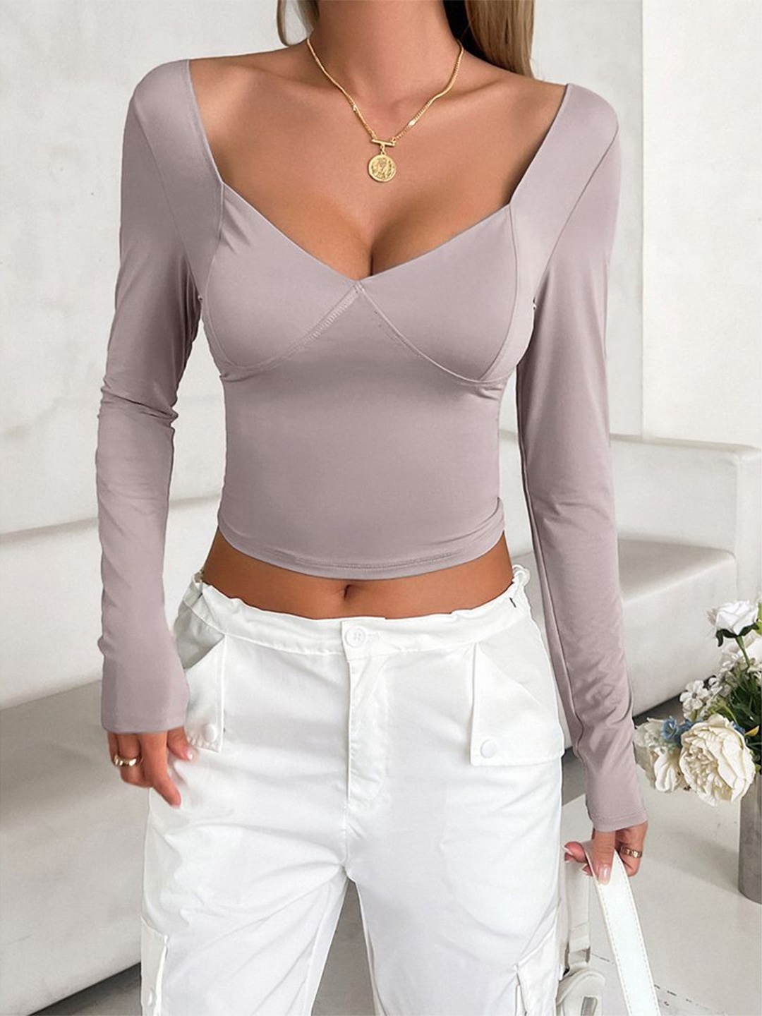 

StyleCast Women Solid V-Neck Top, Grey