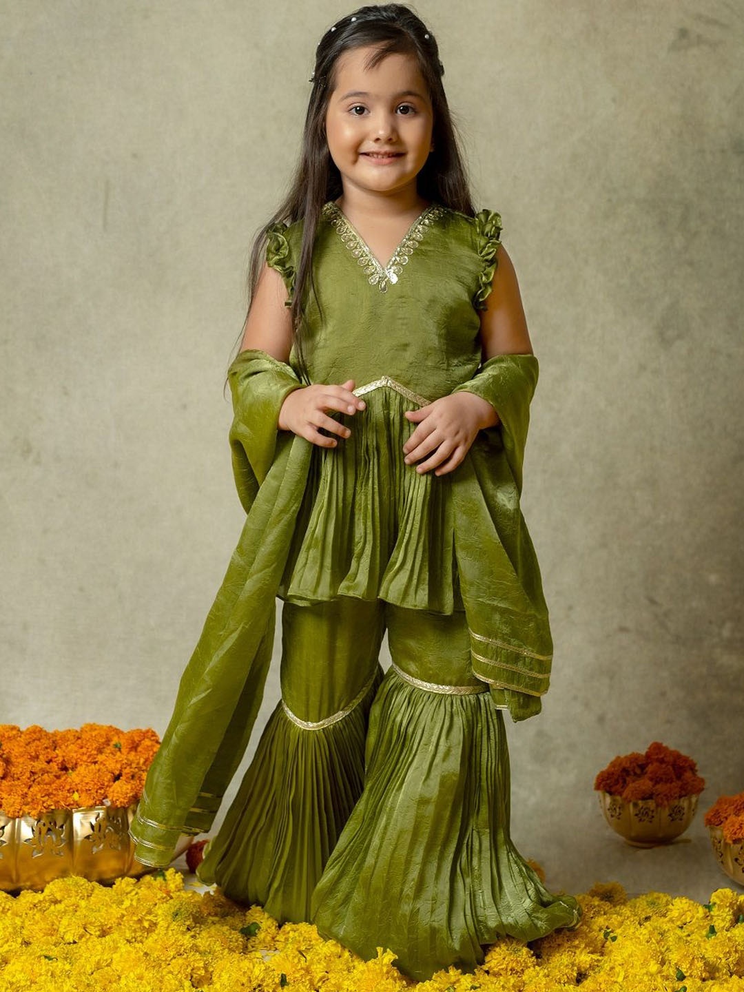 

Vivedkids Girls Regular Gotta Patti Pleated A-Line Kurti with Sharara & Dupatta, Olive