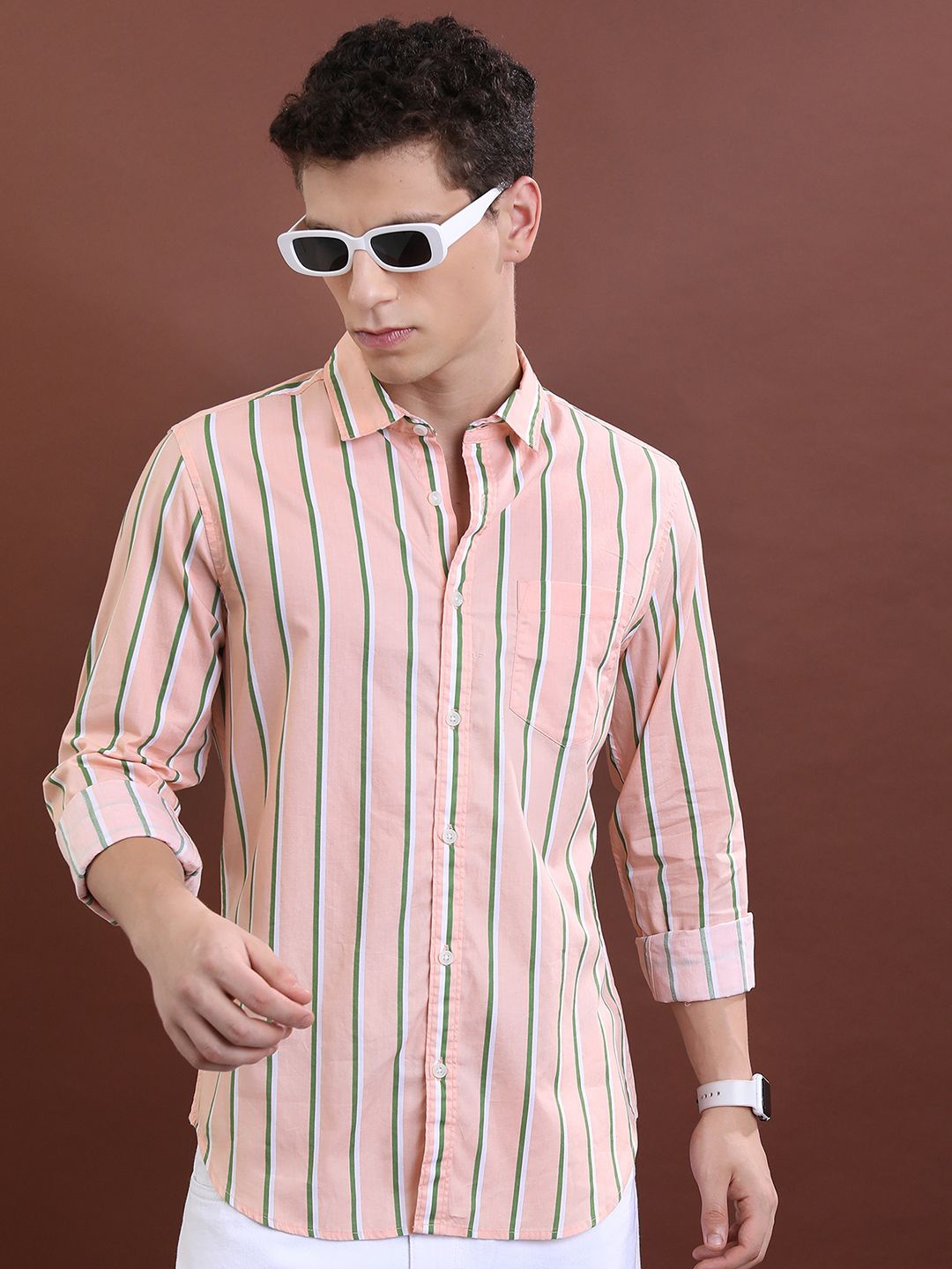 

HIGHLANDER Men Spread Collar Striped Cotton Slim Fit Casual Shirt, Peach