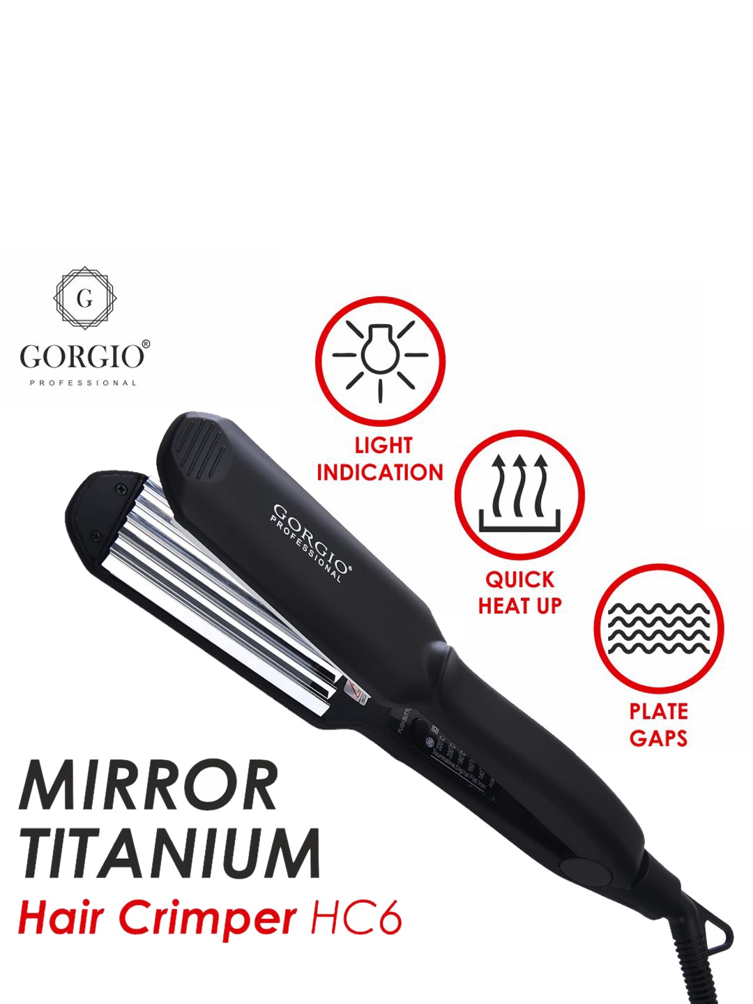 

GORGIO PROFESSIONAL Mirror Titanium Hair Crimper With Light Indication HC6, Black