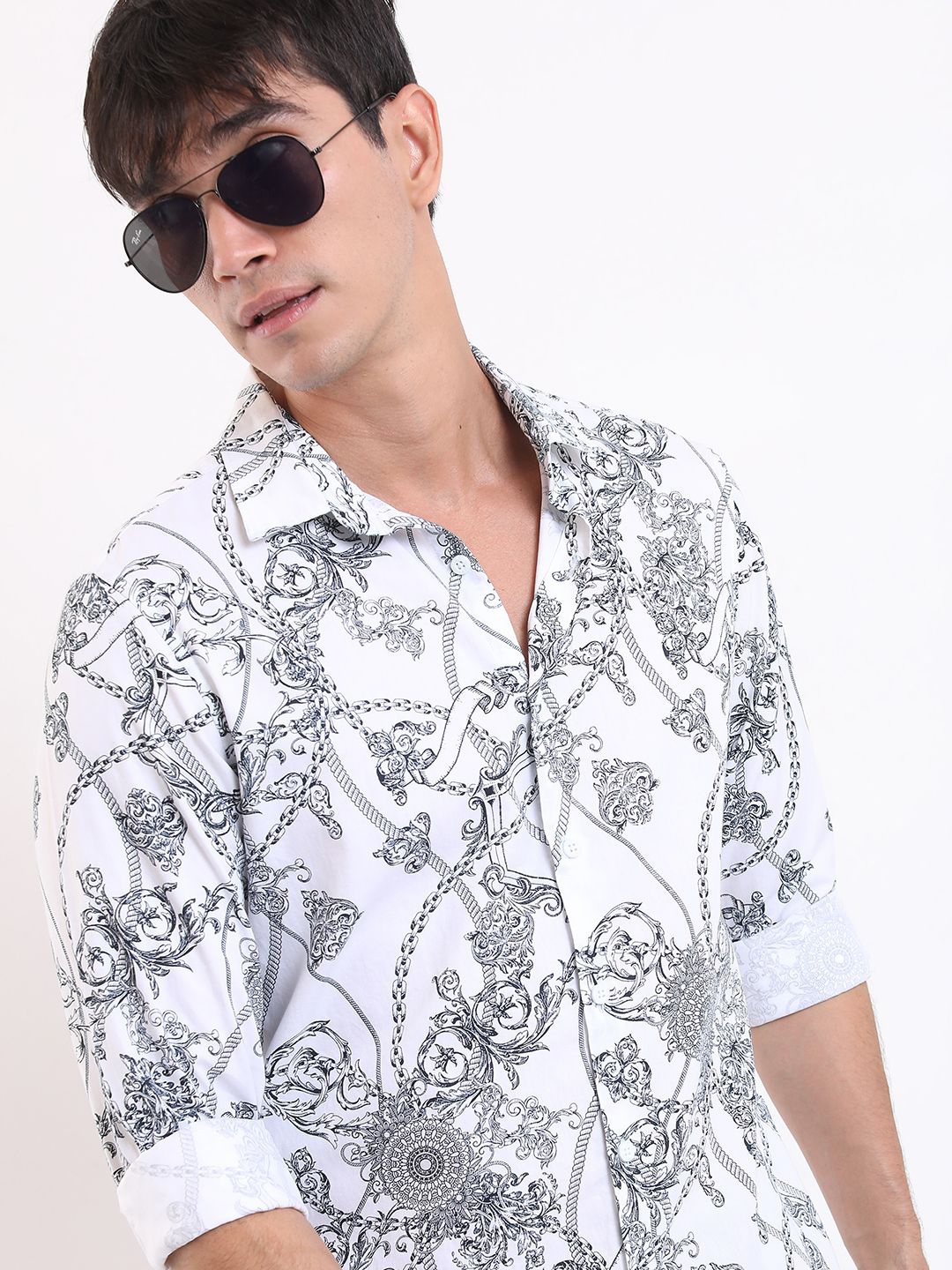 

HIGHLANDER Men Spread Collar Floral Printed Cotton Slim Fit Casual Shirt, White