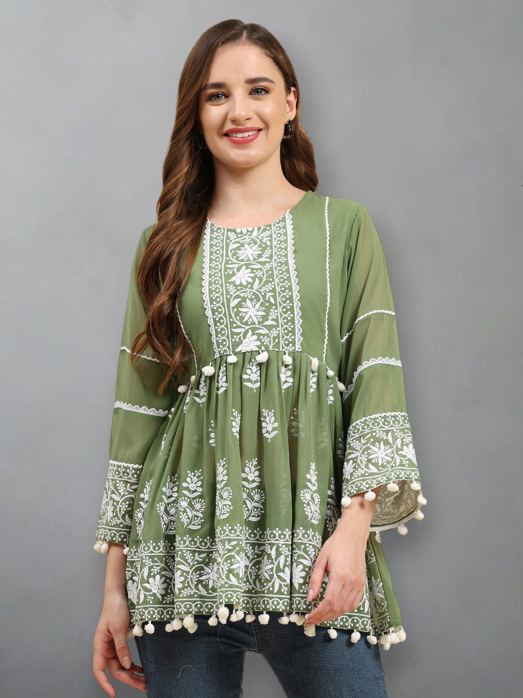 

Growish Women Floral Printed Embroidered Round Neck Top, Green