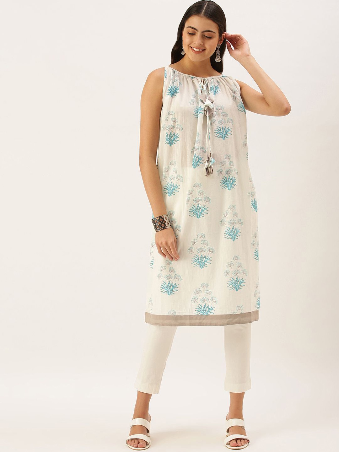 

Shaily Floral Printed Tie-Up Neck Sleeveless Cotton A-Line Kurta, White
