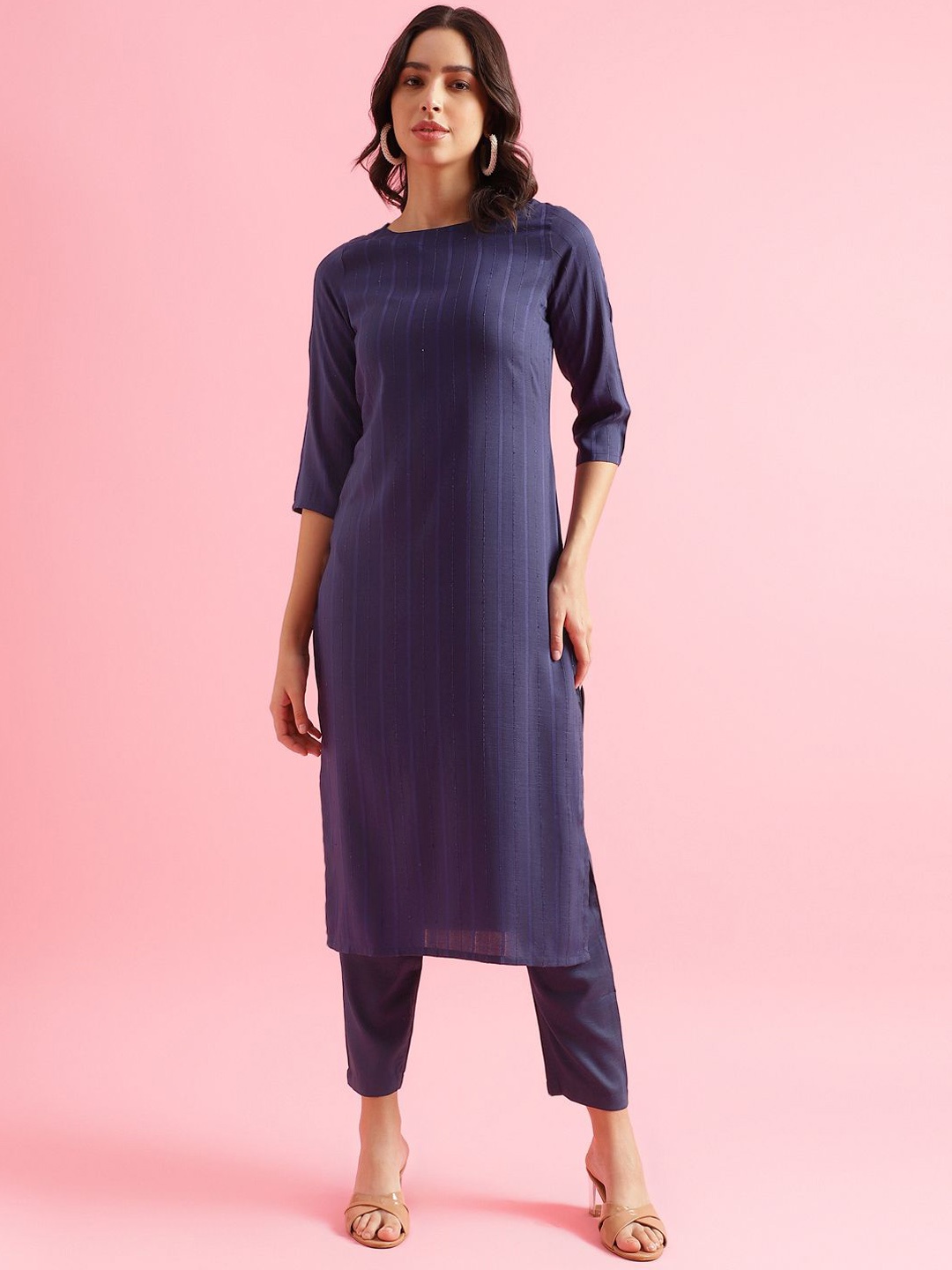 

Shaily Striped Sequinned Dobby Weave Straight Kurta With Trouser, Navy blue