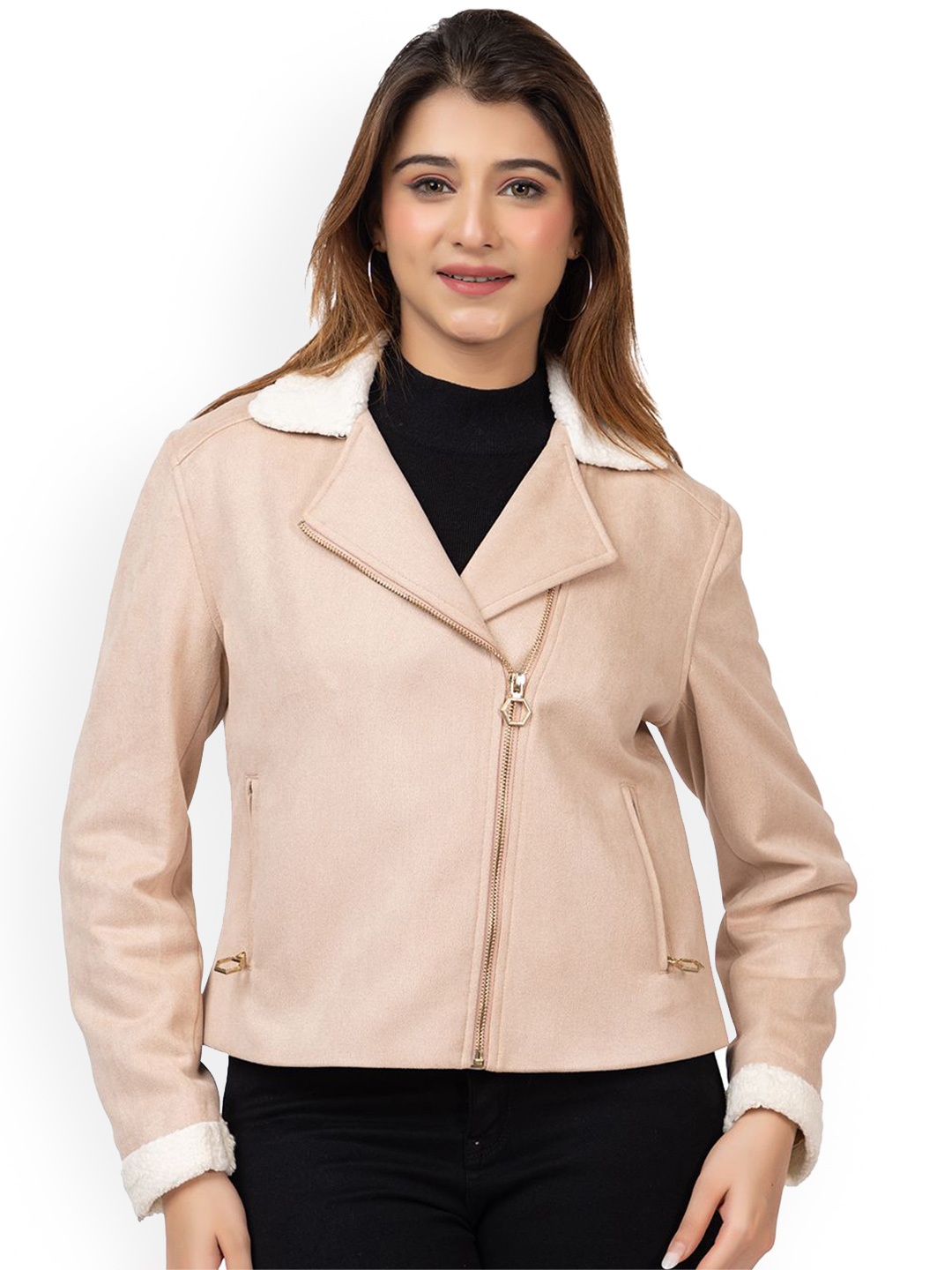 

TWENTY ME Spread Collar Faux Fur Trim Leather Jacket, Beige