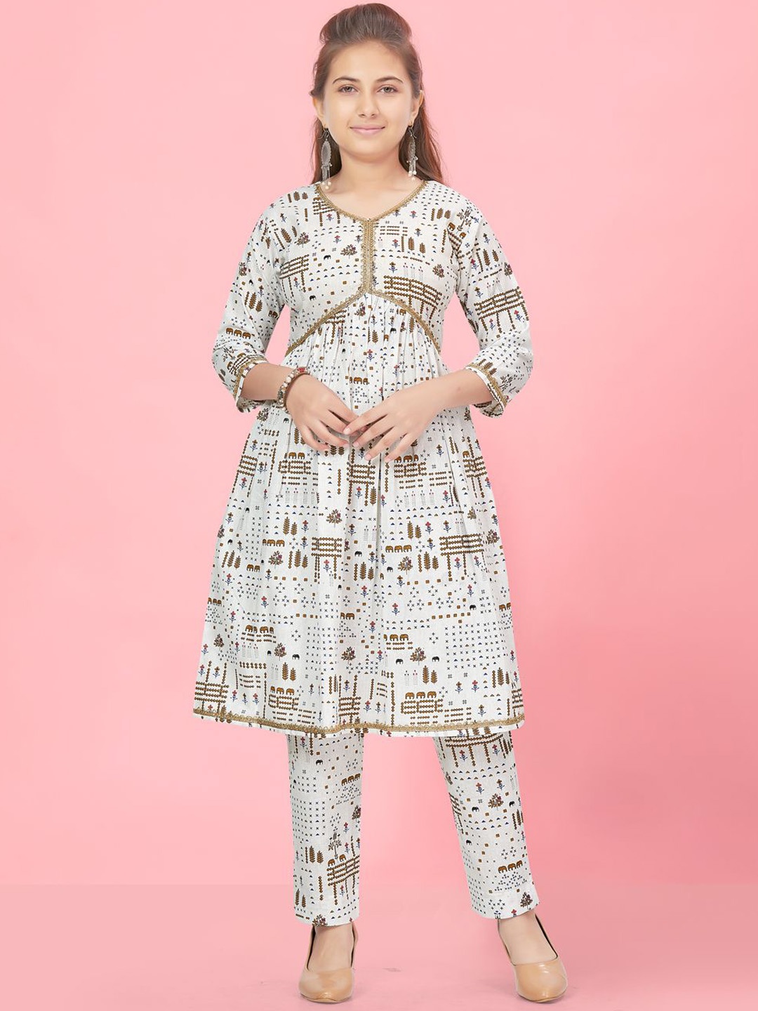 

BAESD Girls Ethnic Motifs Printed Empire Pure Cotton Kurta with Trousers, Cream