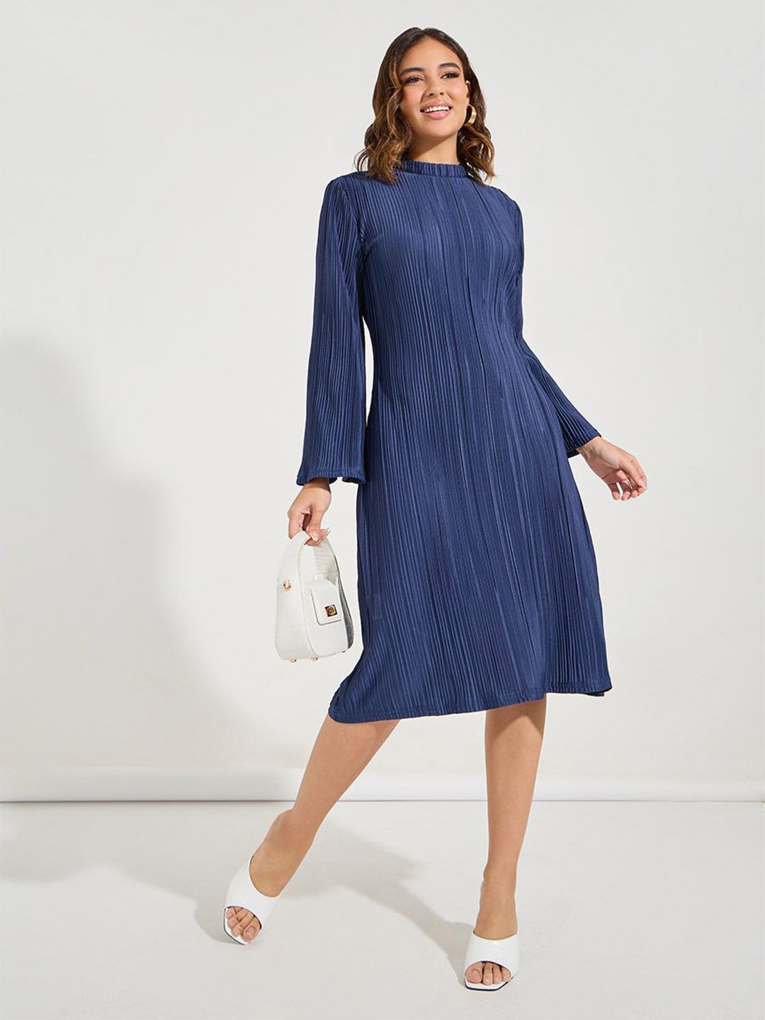 

Styli Women Solid Bell Sleeve Plisse A-Line Knee Length Dress, Blue