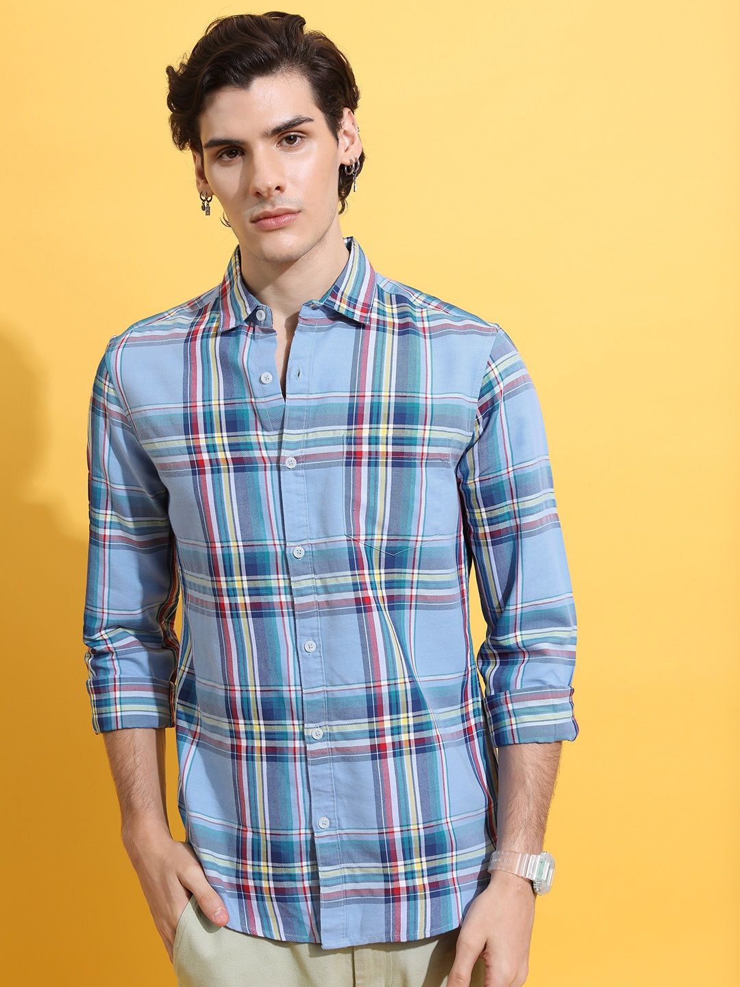 

HIGHLANDER Men Spread Collar Checked Cotton Slim Fit Casual Shirt, Blue