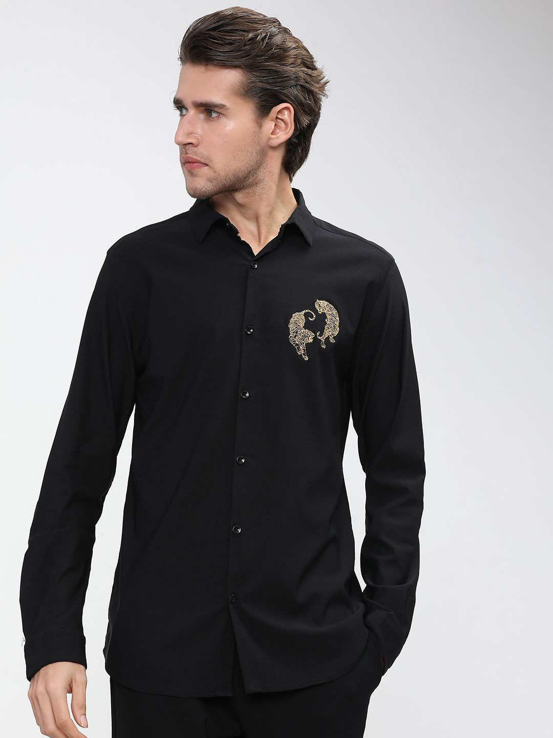 

HIGHLANDER Men Spread Collar Solid Nylon Slim Fit Casual Shirt, Black