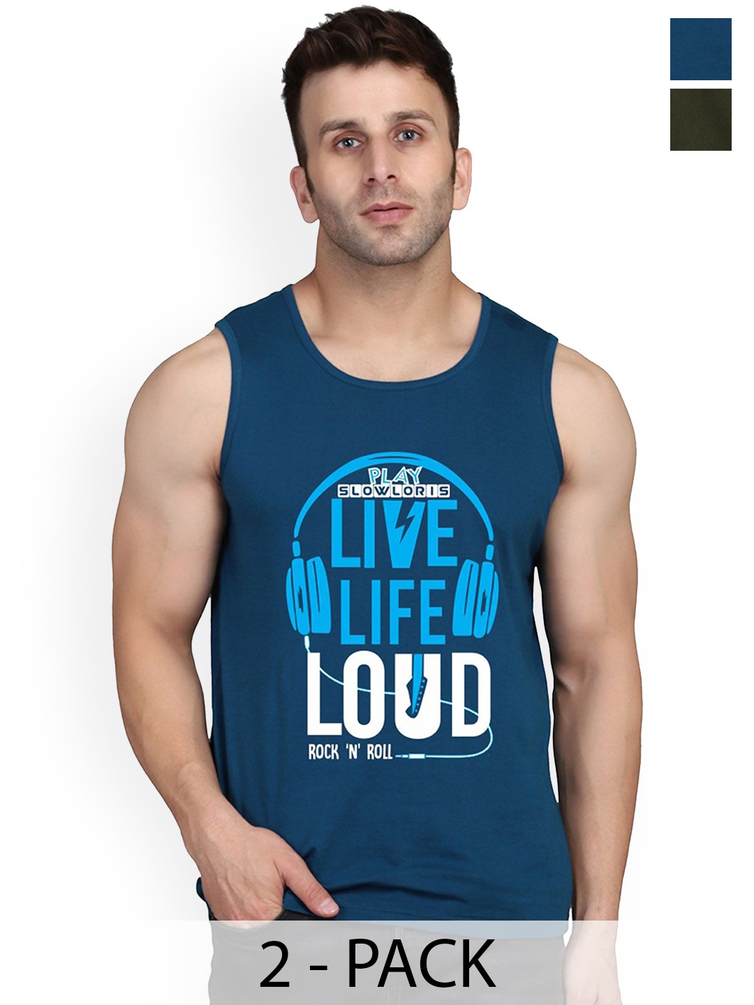 

SLOWLORIS Men Pack Of 2 Printed Gym Vests, Teal