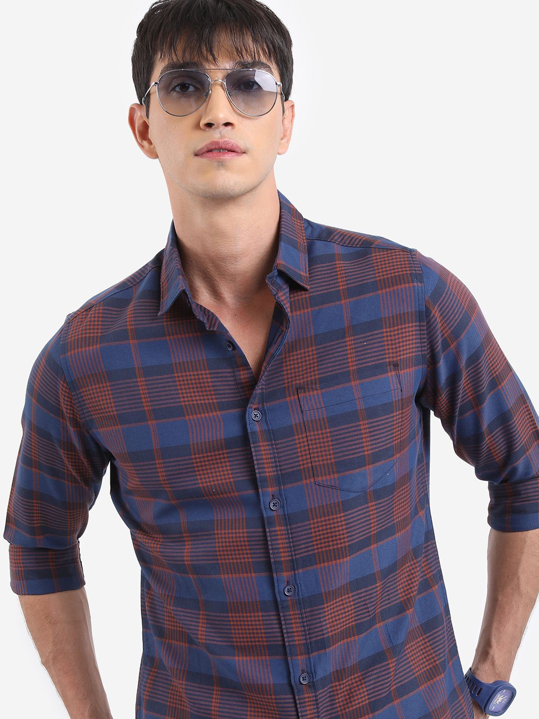 

HIGHLANDER Men Spread Collar Tartan Checked Cotton Slim Fit Casual Shirt, Navy blue