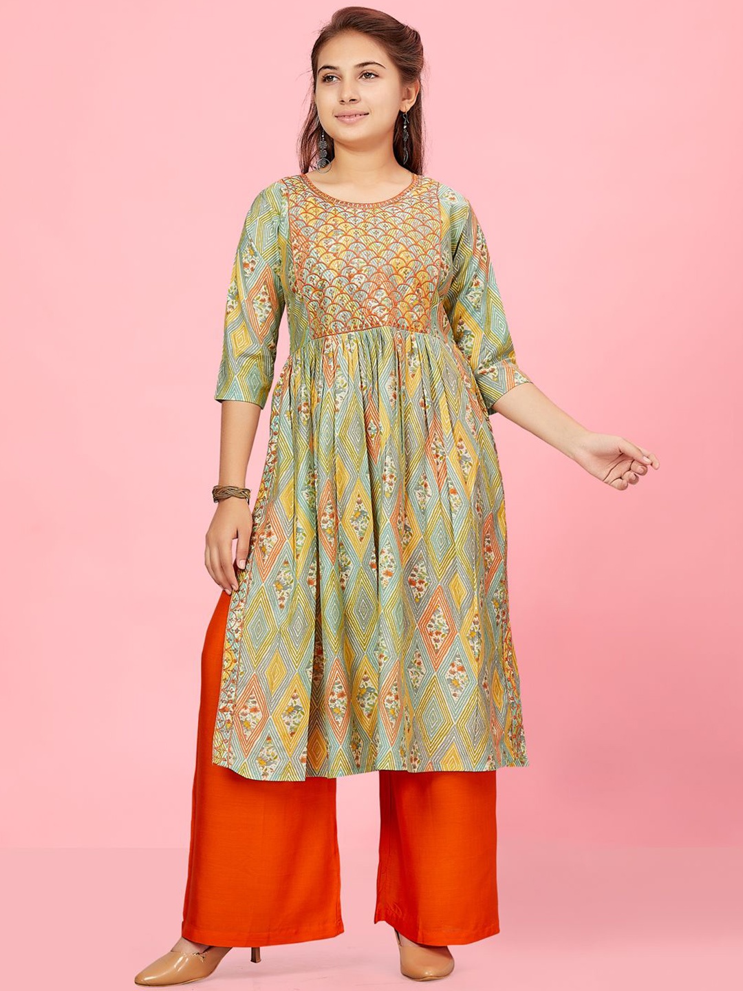 

BAESD Girls Ethnic Motifs Printed Flared Sleeves Mirror Work Anarkali Kurta, Orange