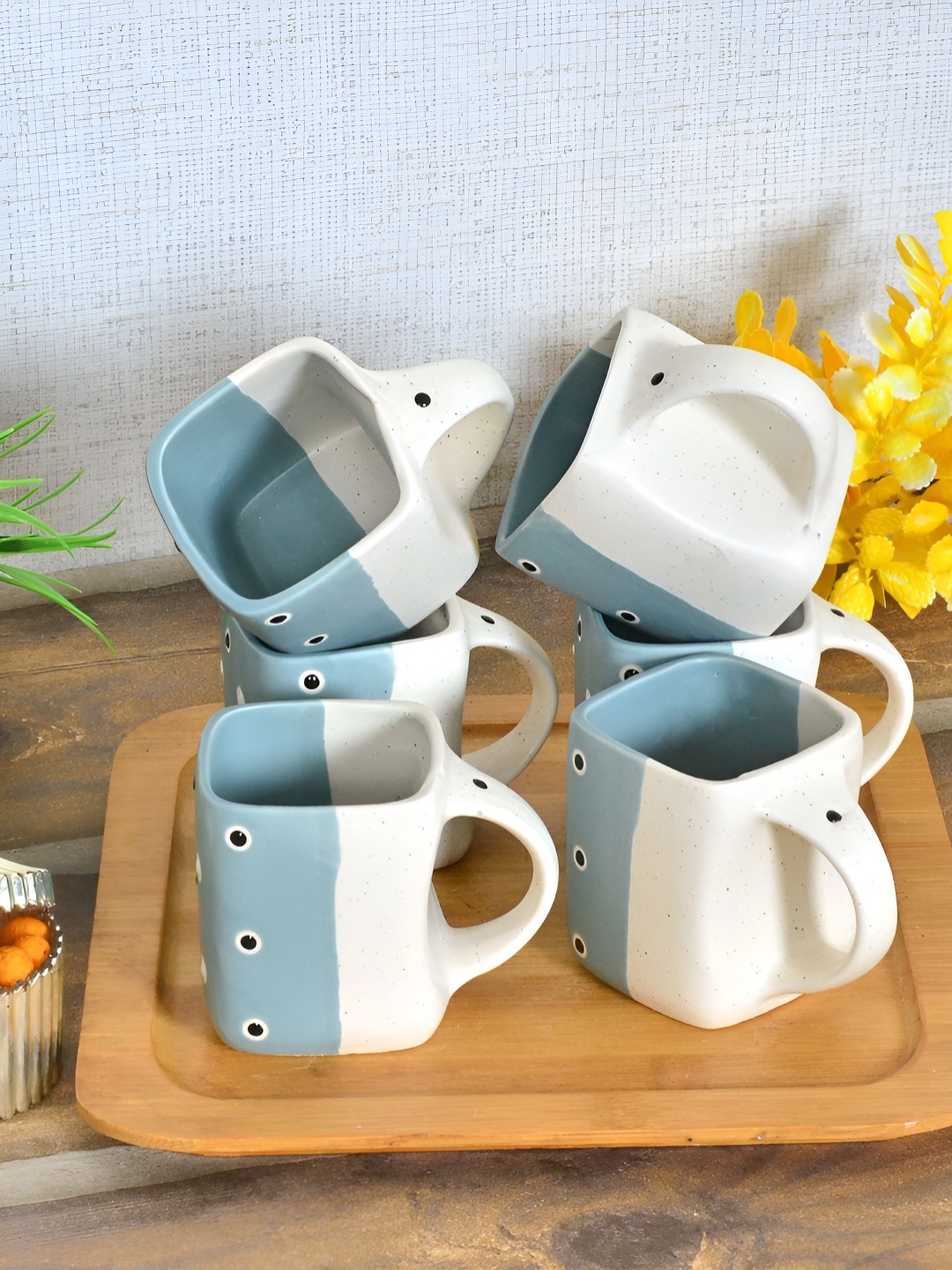 

FABINALIV Set of 6 Blue & White Printed Ceramics Matte Cups