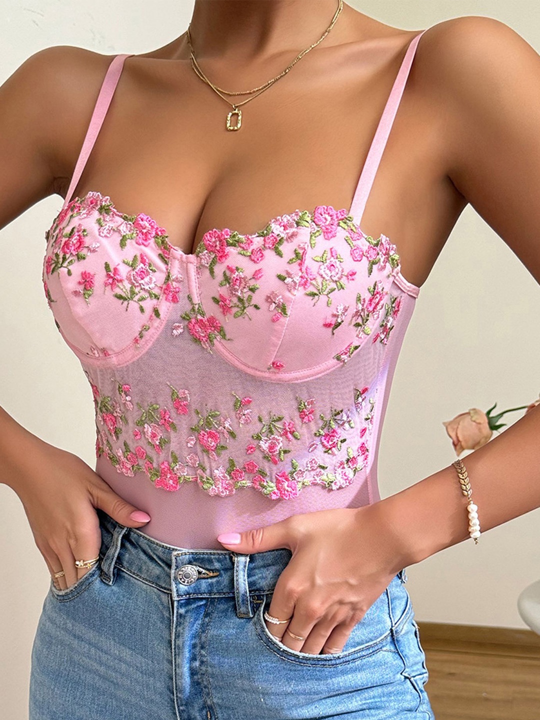 

LULU & SKY Women Floral Printed Shoulder Straps Top, Pink