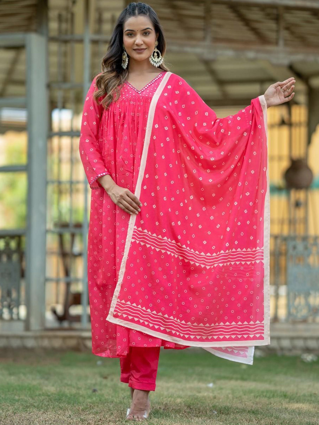 

KALINI Bandhani Printed Mirror Work Pure Cotton Kurta with Trousers & Dupatta, Pink