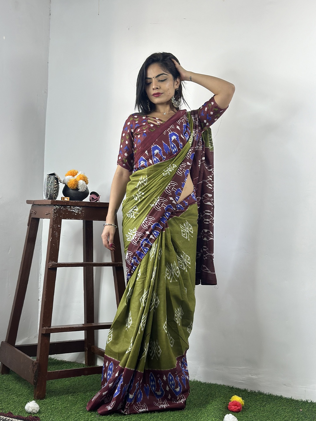 

Anouk Pure Cotton Bagru Saree, Green