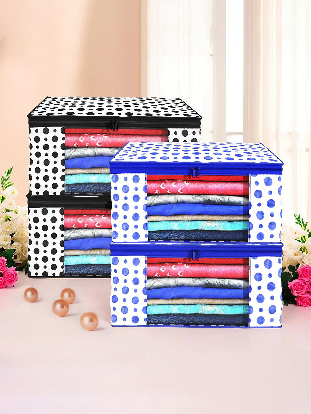 

Kuber Industries White & Blue 4 Pieces Polka Dots Printed Drawer Organisers