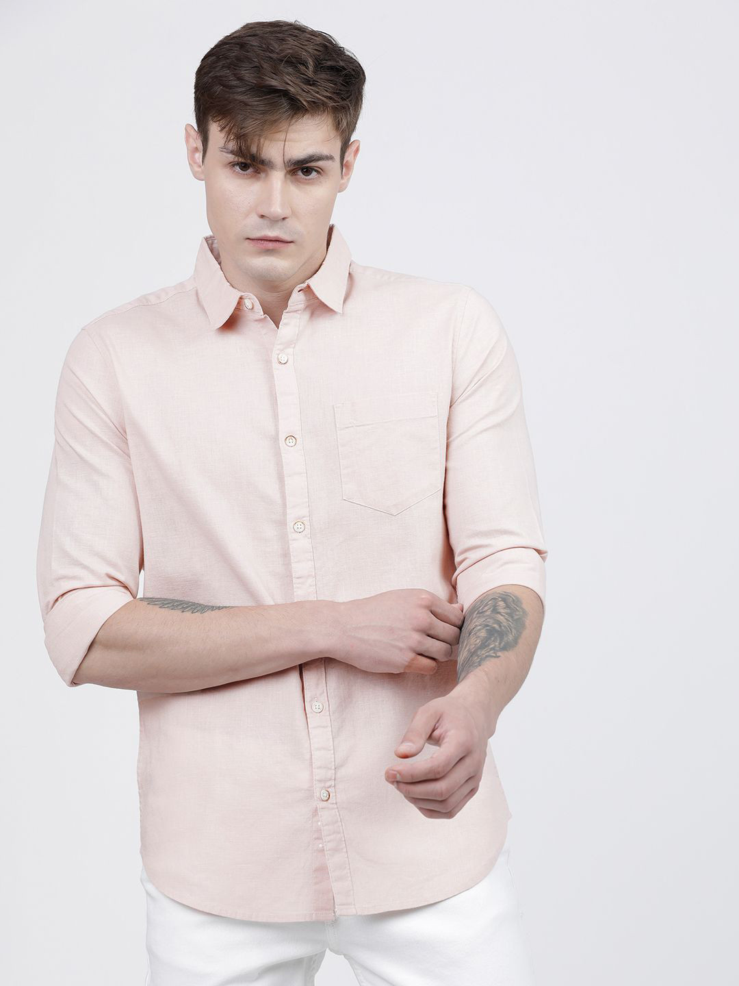 

HIGHLANDER Men Spread Collar Solid Cotton Linen Slim Fit Casual Shirt, Pink