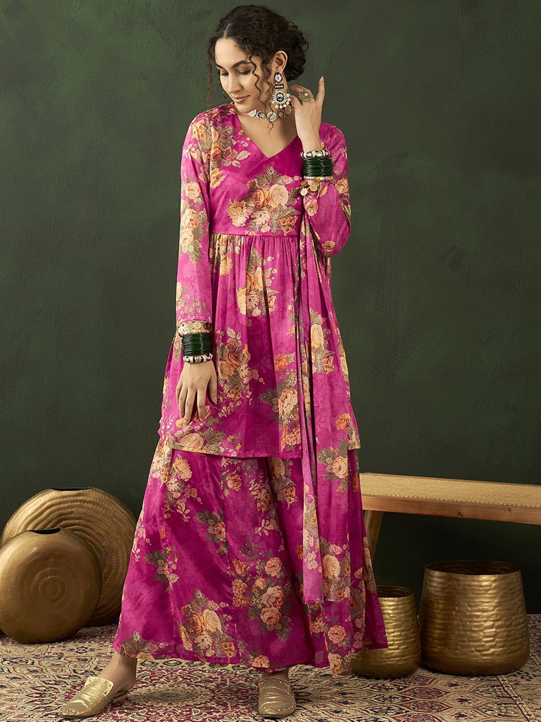 

Sangria Floral Printed A-Line Kurta With Palazzo & Dupatta Set, Pink