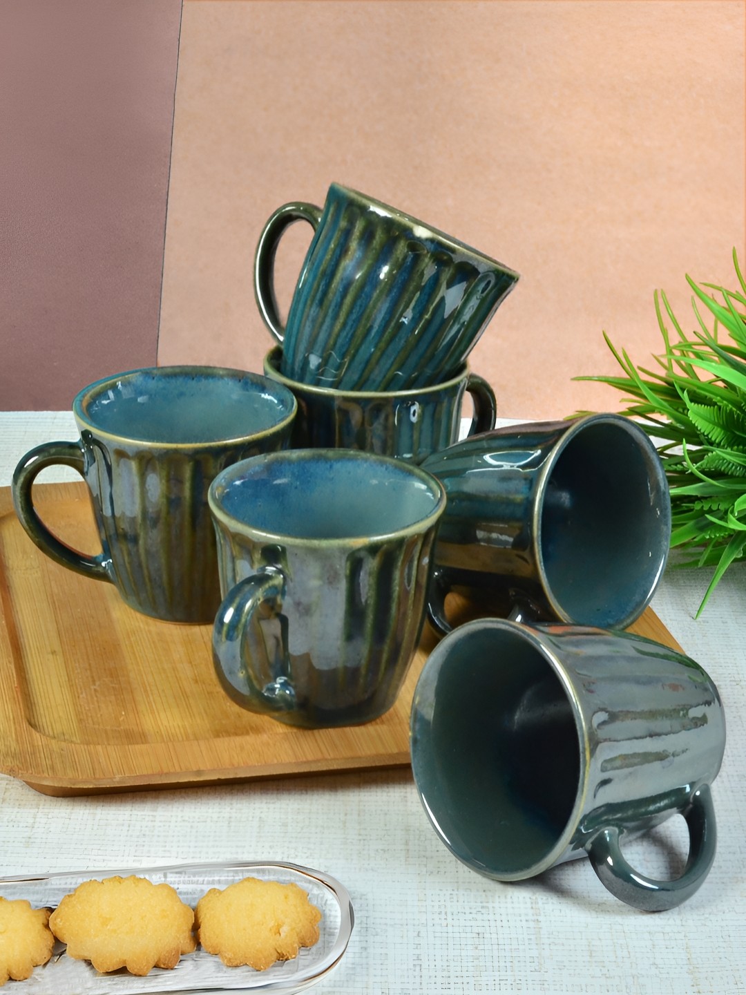 

FABINALIV Set of 6 Green Textured Ceramics Glossy Cups