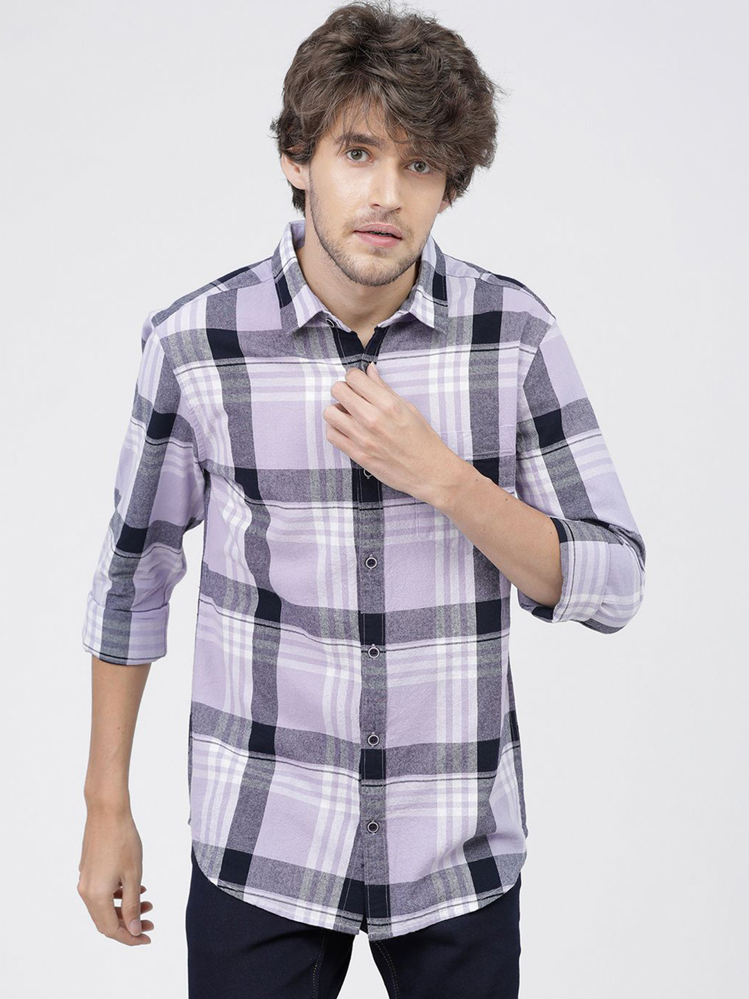 

HIGHLANDER Men Spread Collar Tartan Checked Cotton Slim Fit Casual Shirt, Lavender