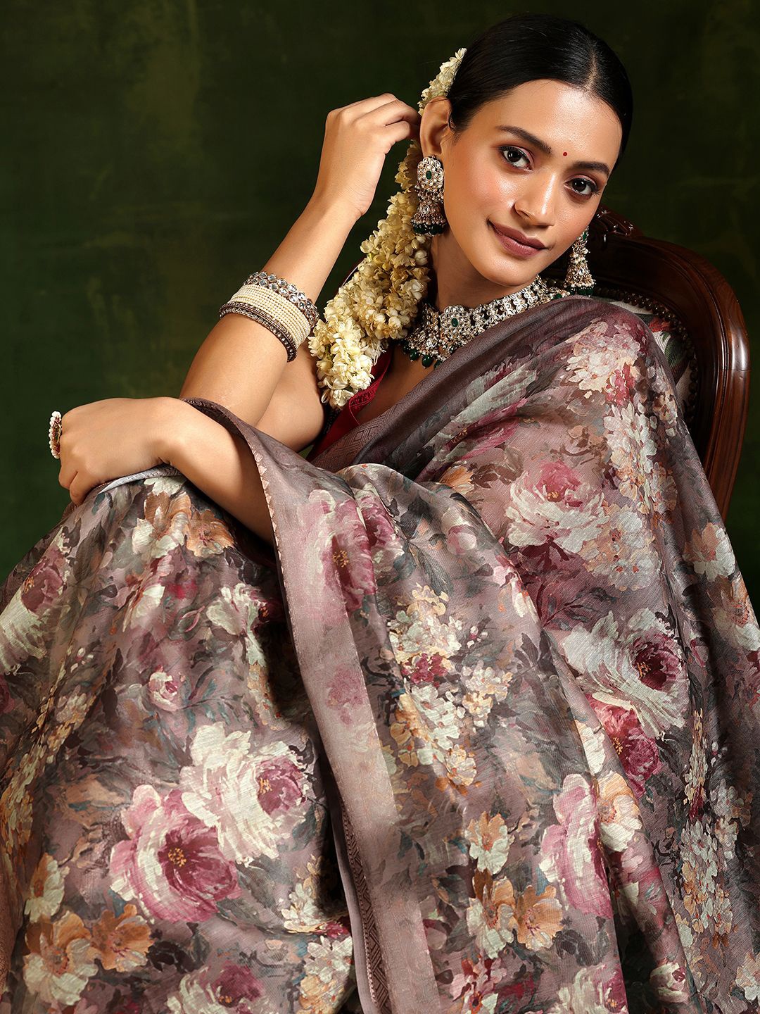 

Libas Printed Floral Zari Silk Blend Saree, Taupe