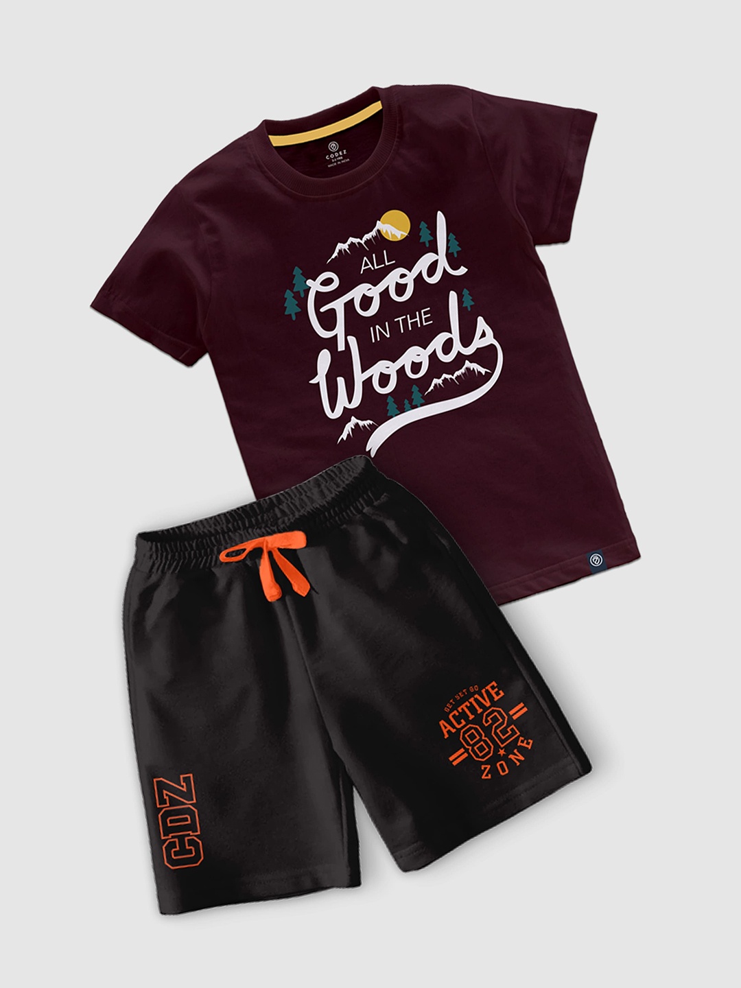 

CODEZ Boys Typography Printed Round Neck T-shirt With Shorts, Brown