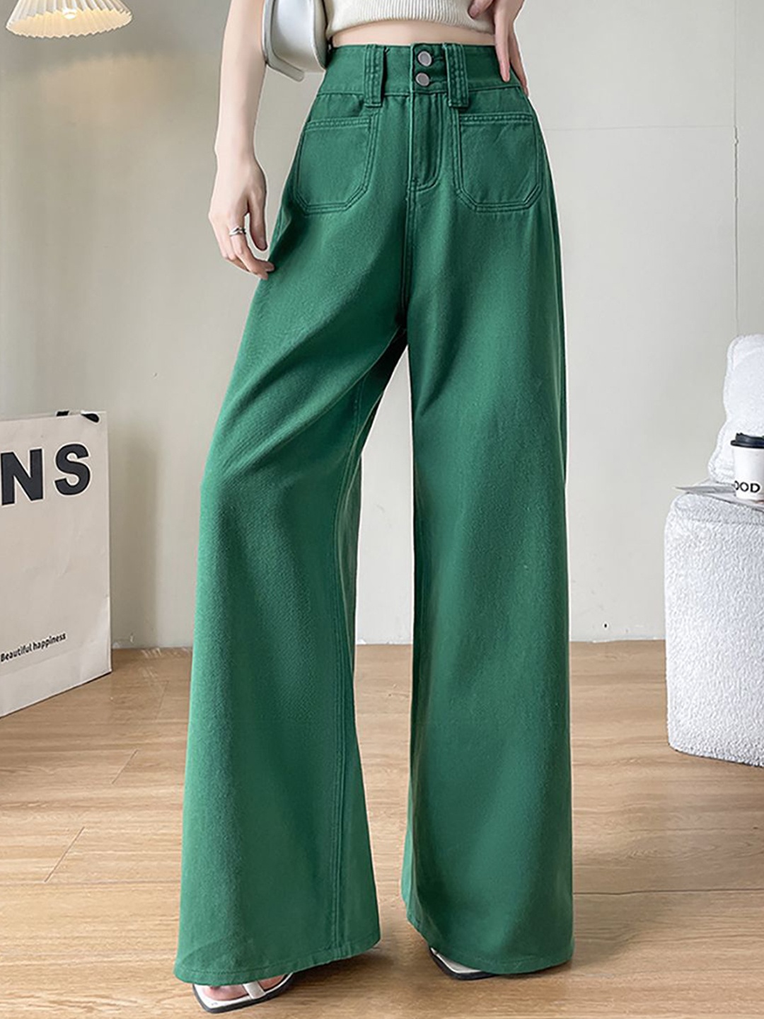 

StyleCast x Revolte Women Wide Leg Slash Knee Jeans, Green