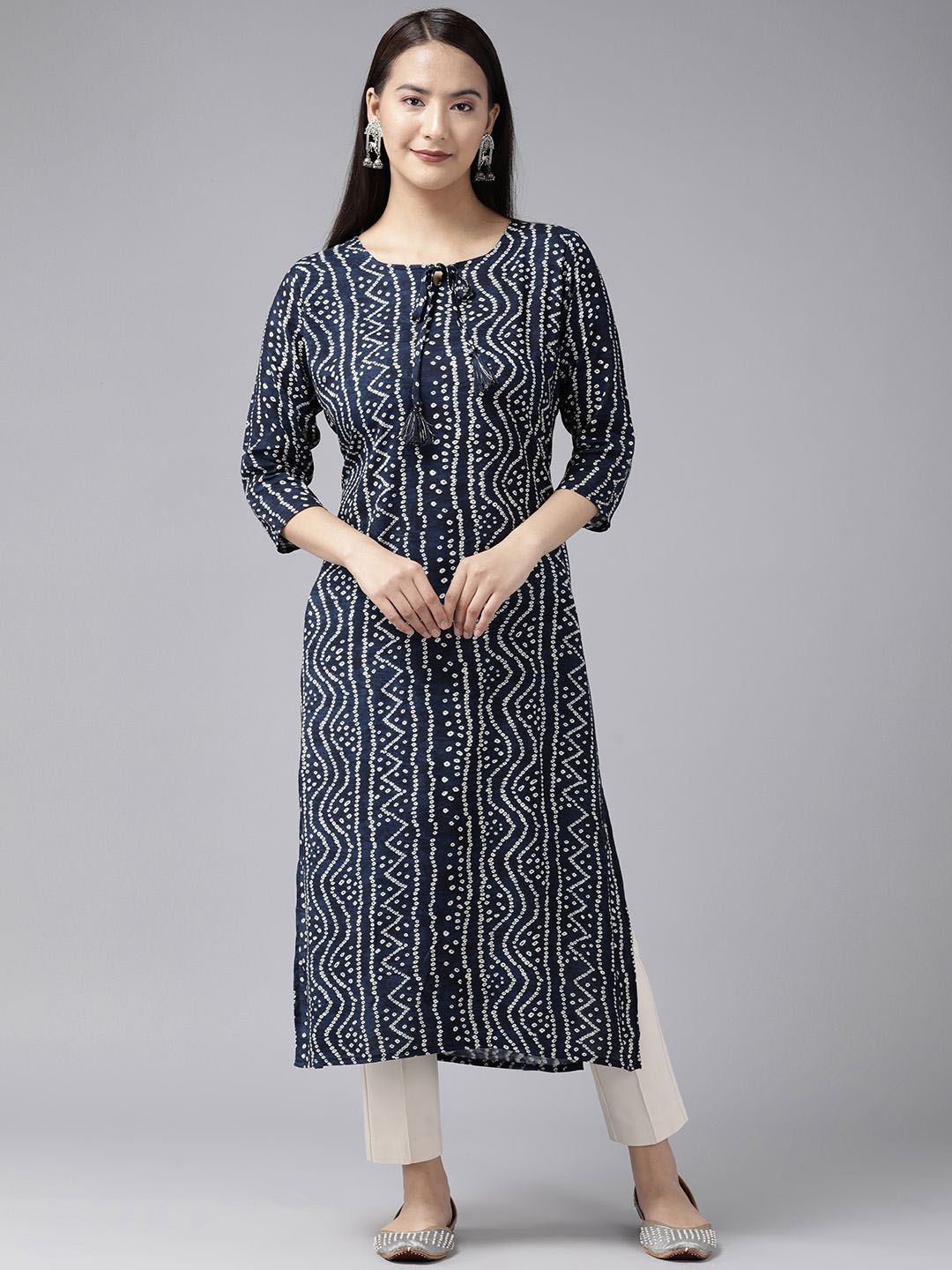 

BAESD Women Geometric Striped Flared Sleeves Mirror Work Kurta, Navy blue