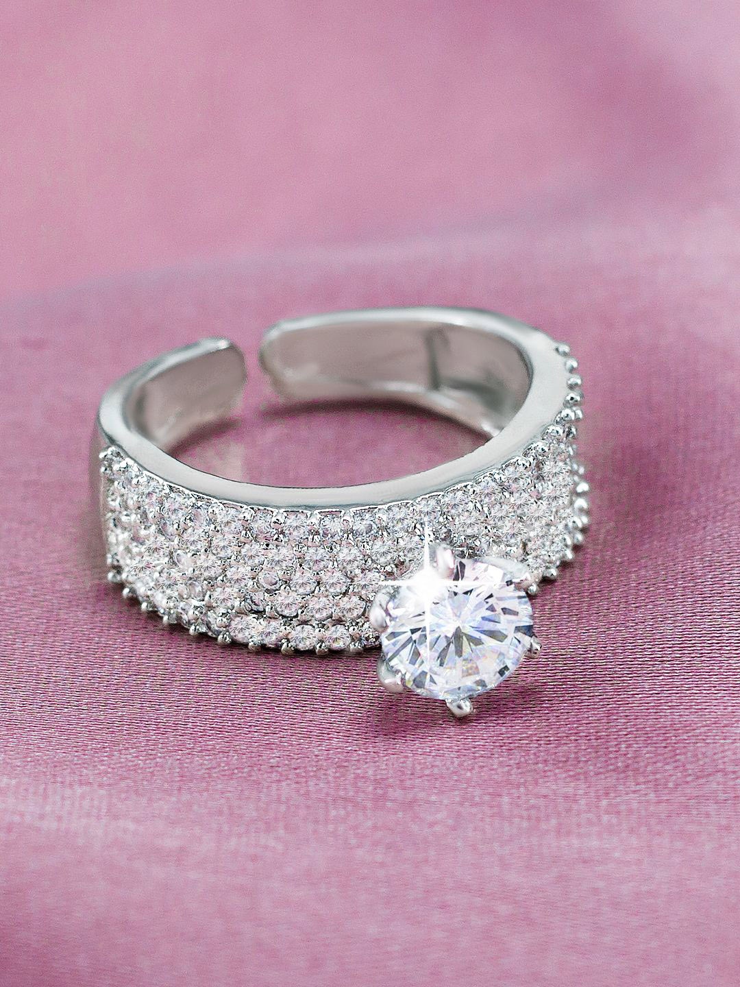

PRIVIU Rhodium-Plated American Diamond Solitaire Adjustable Finger Ring, Silver