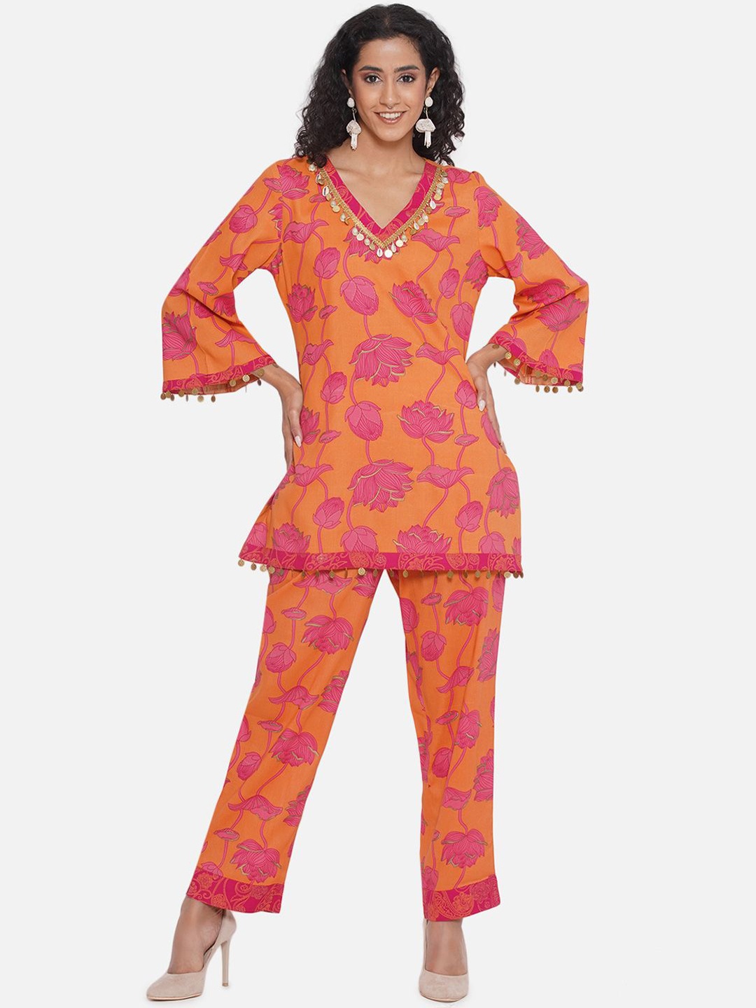 

bellamia V- Neck Printed Tunic With Trouser Co-Ords, Fuchsia