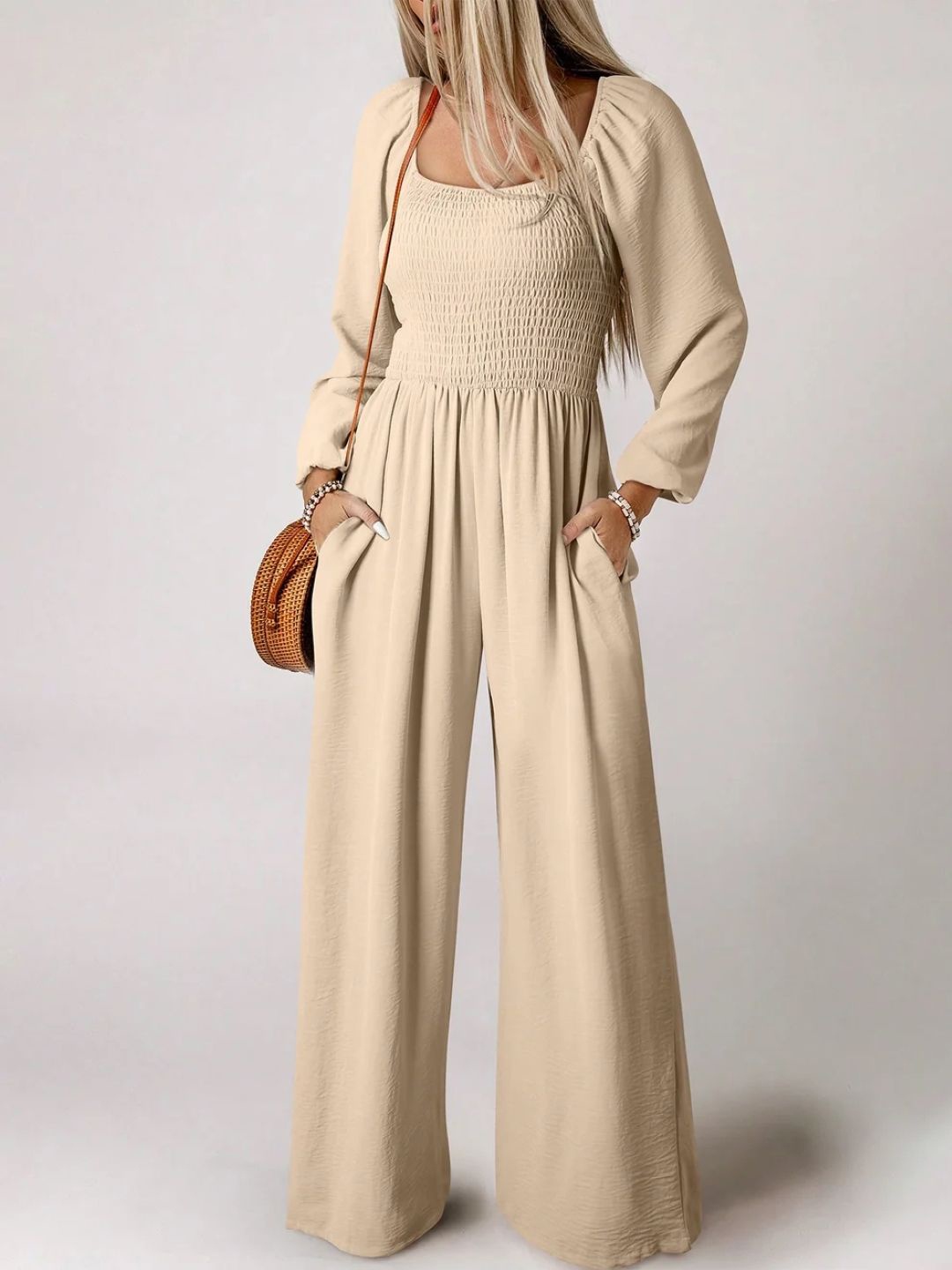

StyleCast Jumpsuit Cream Square Neck Solid Long Sleeves Polyester Playsuit