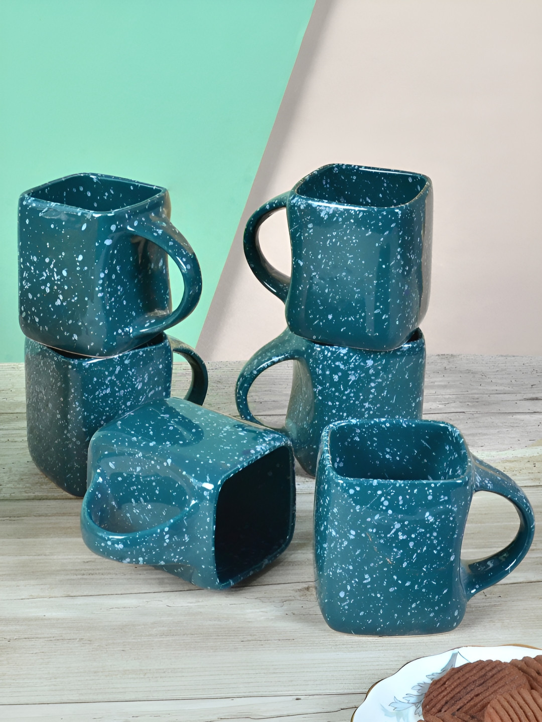 

FABINALIV Set of 6 Blue Printed Ceramics Glossy Cups