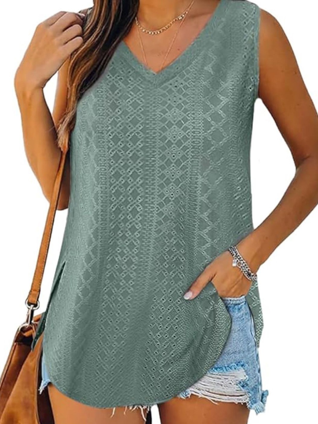 

StyleCast Women Self Design V-Neck Top, Green