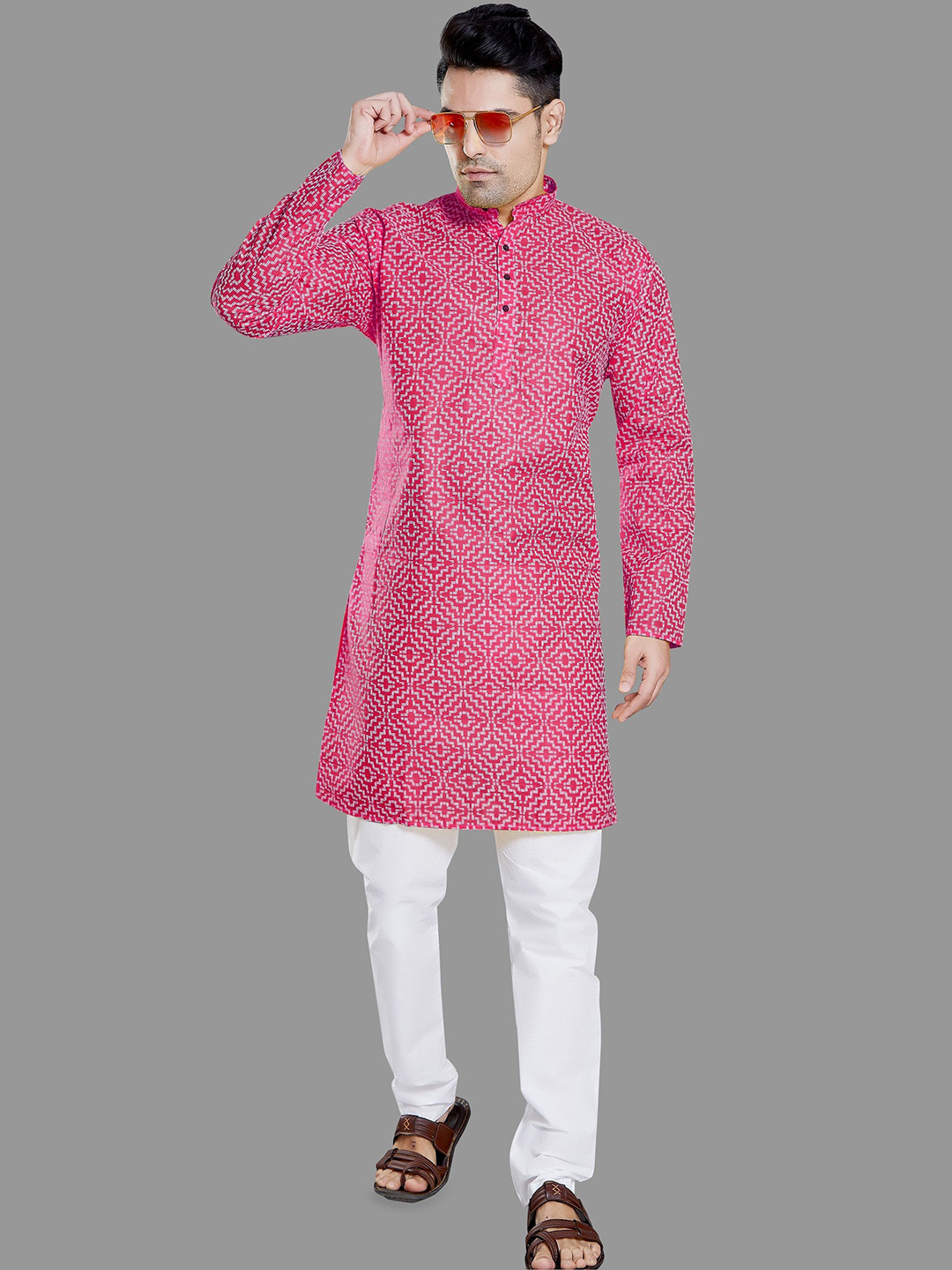 

DIVISIVE Men Printed Regular Kurta with Pyjamas, Pink