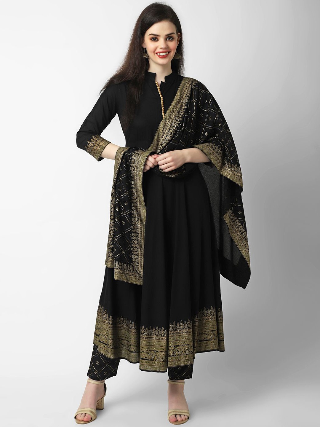 

Sanganeri Kurti Women Ethnic Motifs Printed Regular Kurta with Trousers & With Dupatta, Black