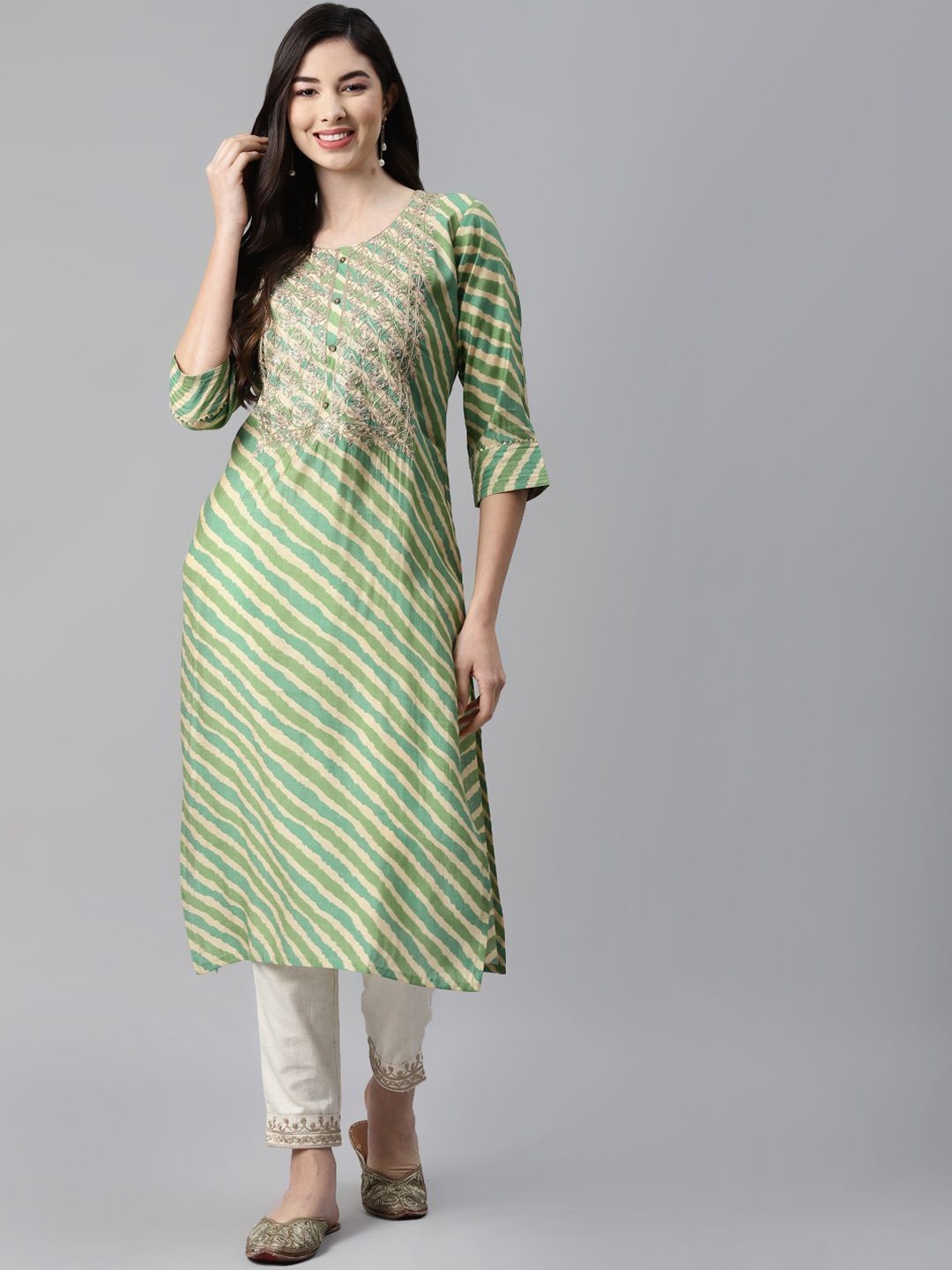 

BAESD Women Leheriya Striped Flared Sleeves Mirror Work Kaftan Kurta, Green