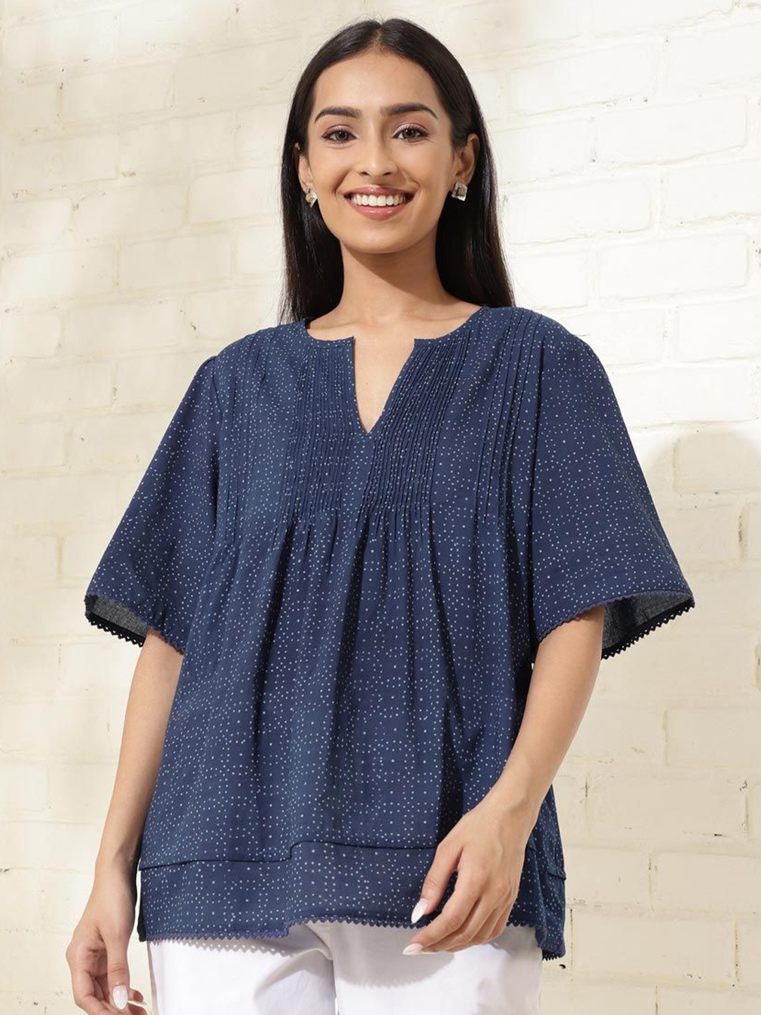 

Fabindia Women Geometric Printed Print Round Neck Cotton Top, Blue