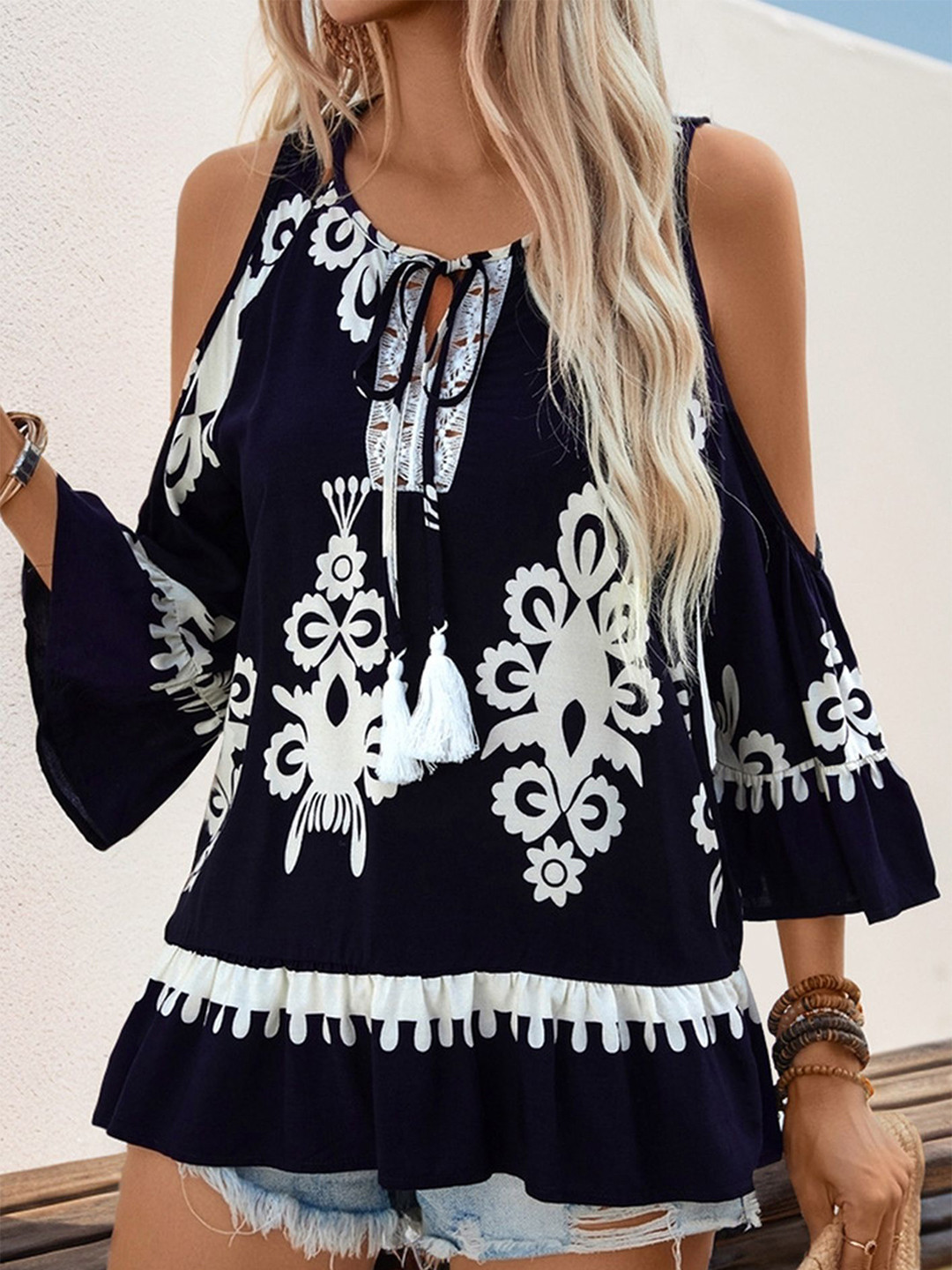 

LULU & SKY Women Floral Printed Tie-Up Neck Top, Navy blue