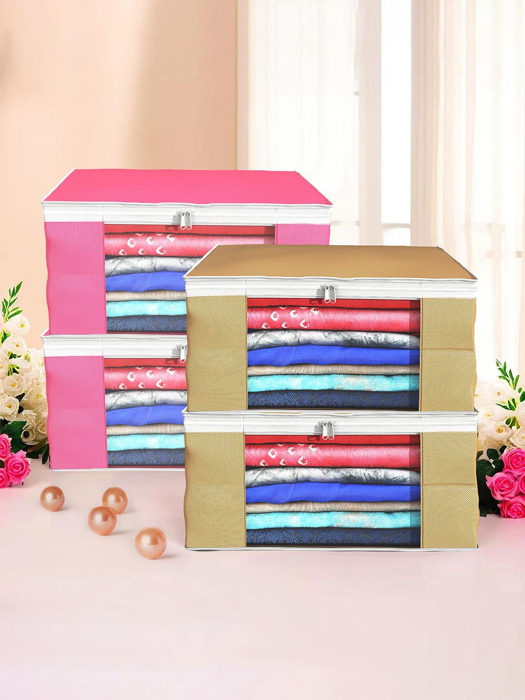 

Kuber Industries Brown & Pink 4 Pieces Foldable Drawer Organisers