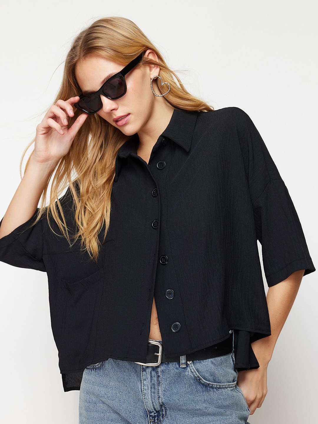 

Trendyol Women Spread Collar Solid Casual Shirt, Black