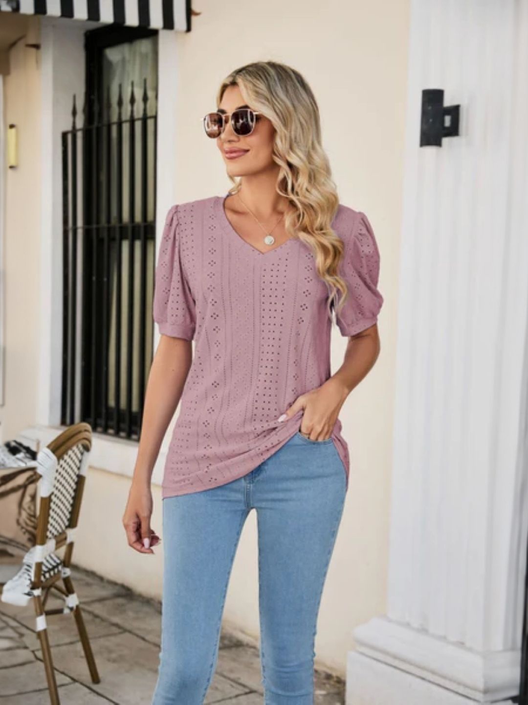 

StyleCast Women Vertical Striped V-Neck Top, Pink